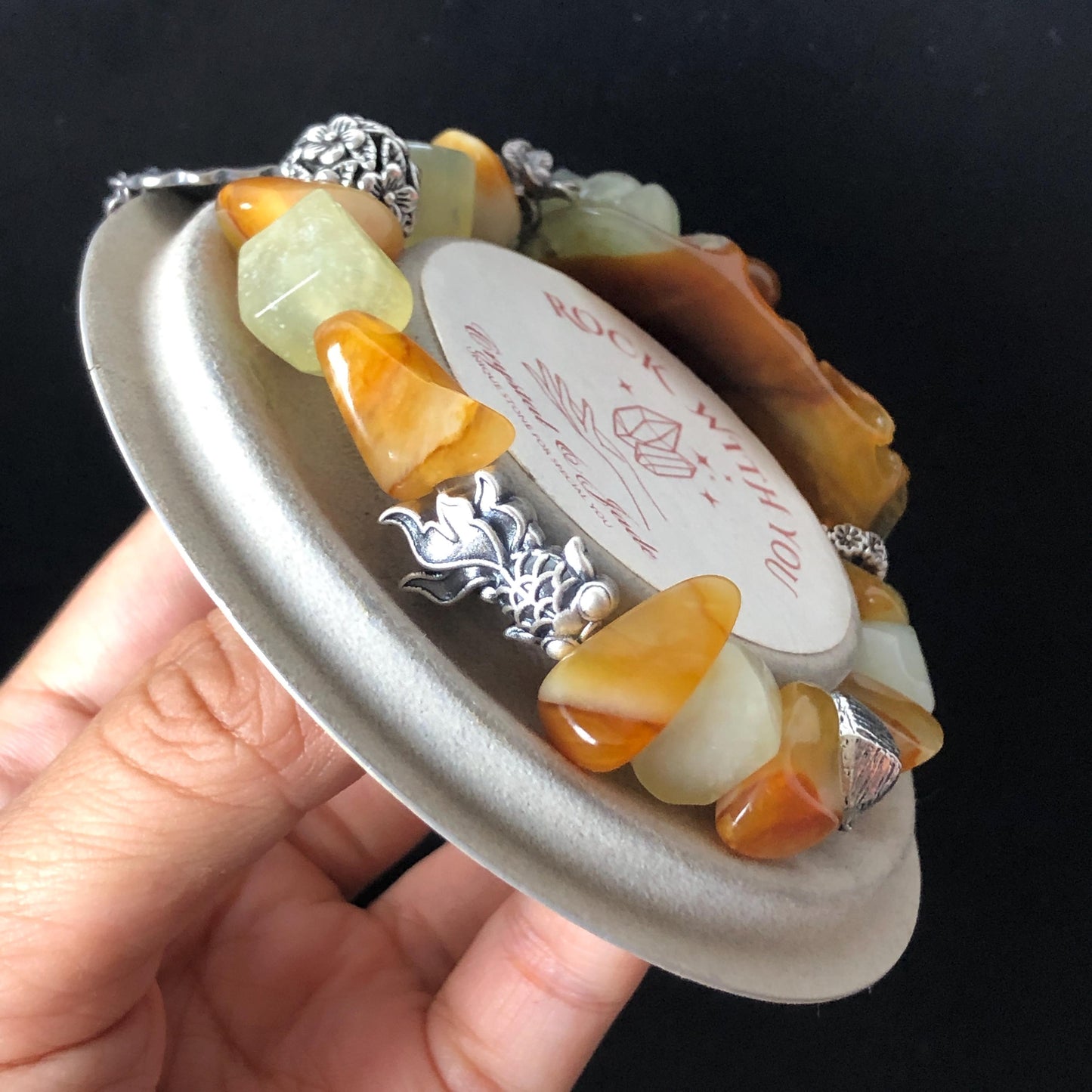 Xiu Jade Serpentine Carved Goldfish Lotus Charm with Irregular Bead Bracelet | Orange Jade | 925 Sterling Silver & Vintage Tibetan Silver accessory hand carved jade carving hand engraved jade bracelet elastic bracelet orange jade bracelet carved goldfish carving engraved lotus carving gift for her duy bracelet natural jade untreated jade dangle bracelet charm bracelet gift for her