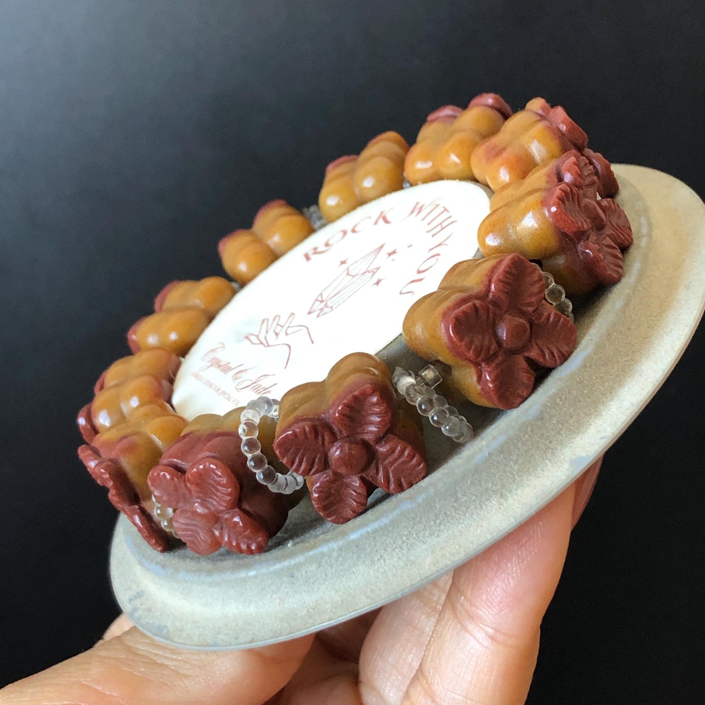 Natural SheTaiCui Jade (Quartzite) Hand Carved Bi-colour Persimmon Bracelet | Big Bead Red Orange Jade Charms | Personalization Gift for her diy bracelet brown jade red jade carving Persimmon carving hand engraved jade hand carved jade bracelet jade charms big bead bracelet elastic stretch bracelet chinese jade