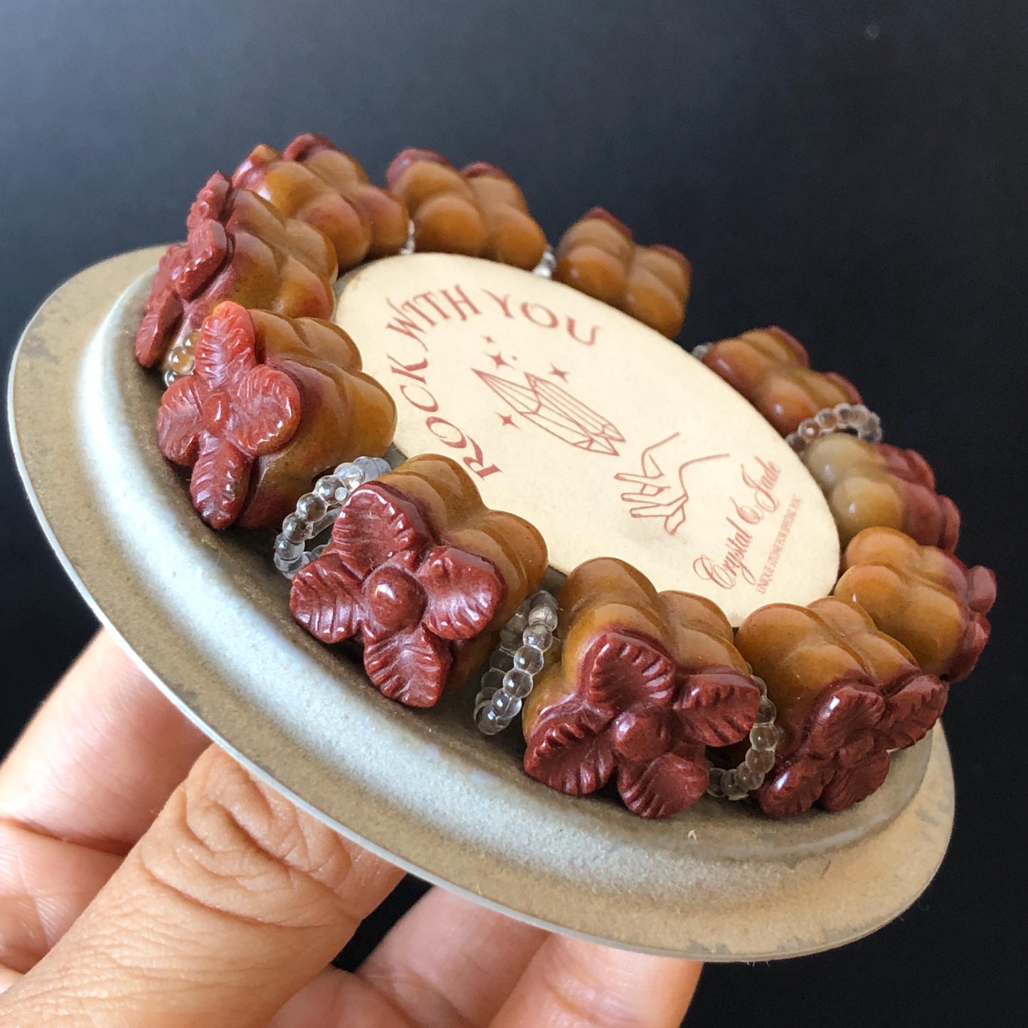 Natural SheTaiCui Jade (Quartzite) Hand Carved Bi-colour Persimmon Bracelet | Big Bead Red Orange Jade Charms | Personalization Gift for her diy bracelet brown jade red jade carving Persimmon carving hand engraved jade hand carved jade bracelet jade charms big bead bracelet elastic stretch bracelet chinese jade