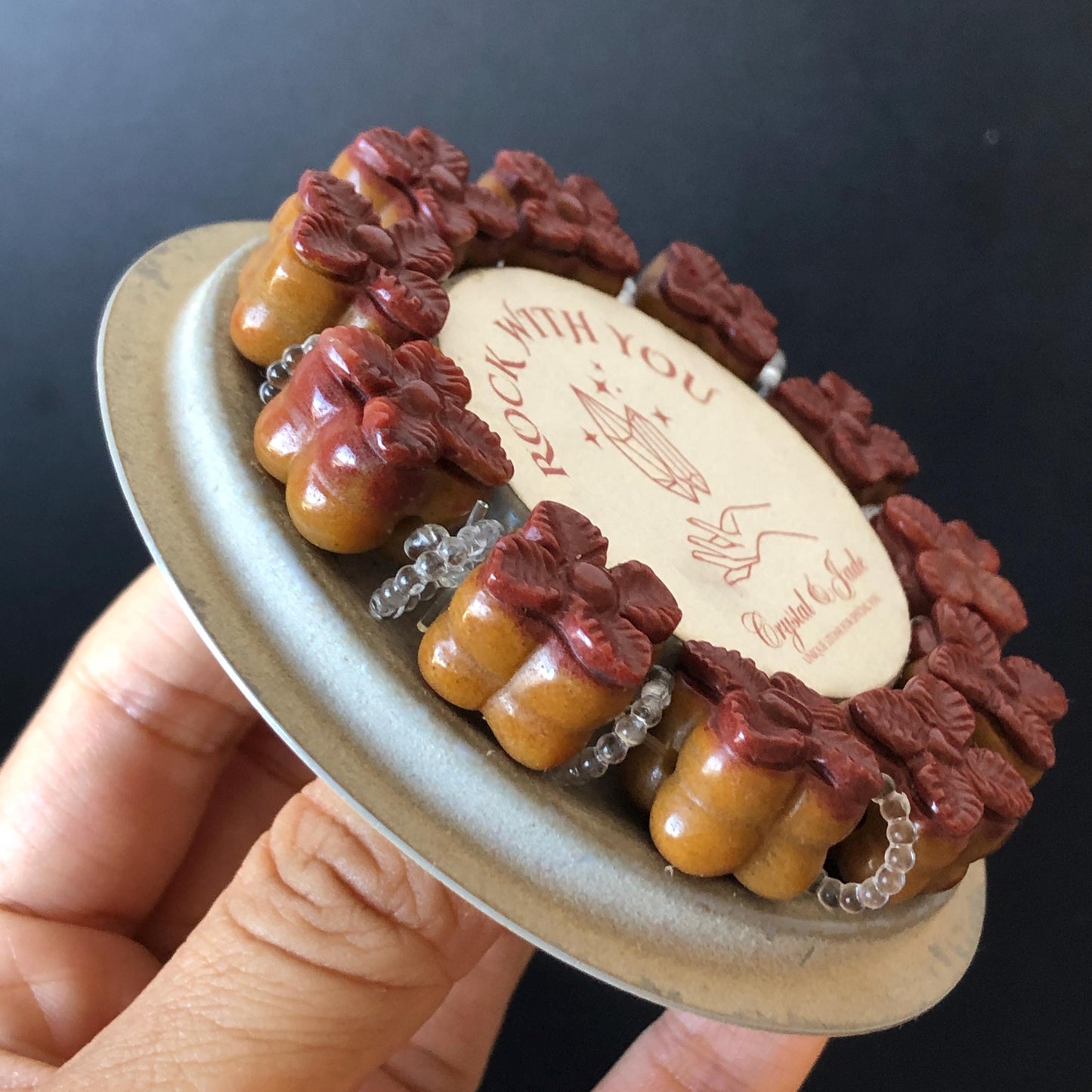 Natural SheTaiCui Jade (Quartzite) Hand Carved Bi-colour Persimmon Bracelet | Big Bead Red Orange Jade Charms | Personalization Gift for her diy bracelet brown jade red jade carving Persimmon carving hand engraved jade hand carved jade bracelet jade charms big bead bracelet elastic stretch bracelet chinese jade