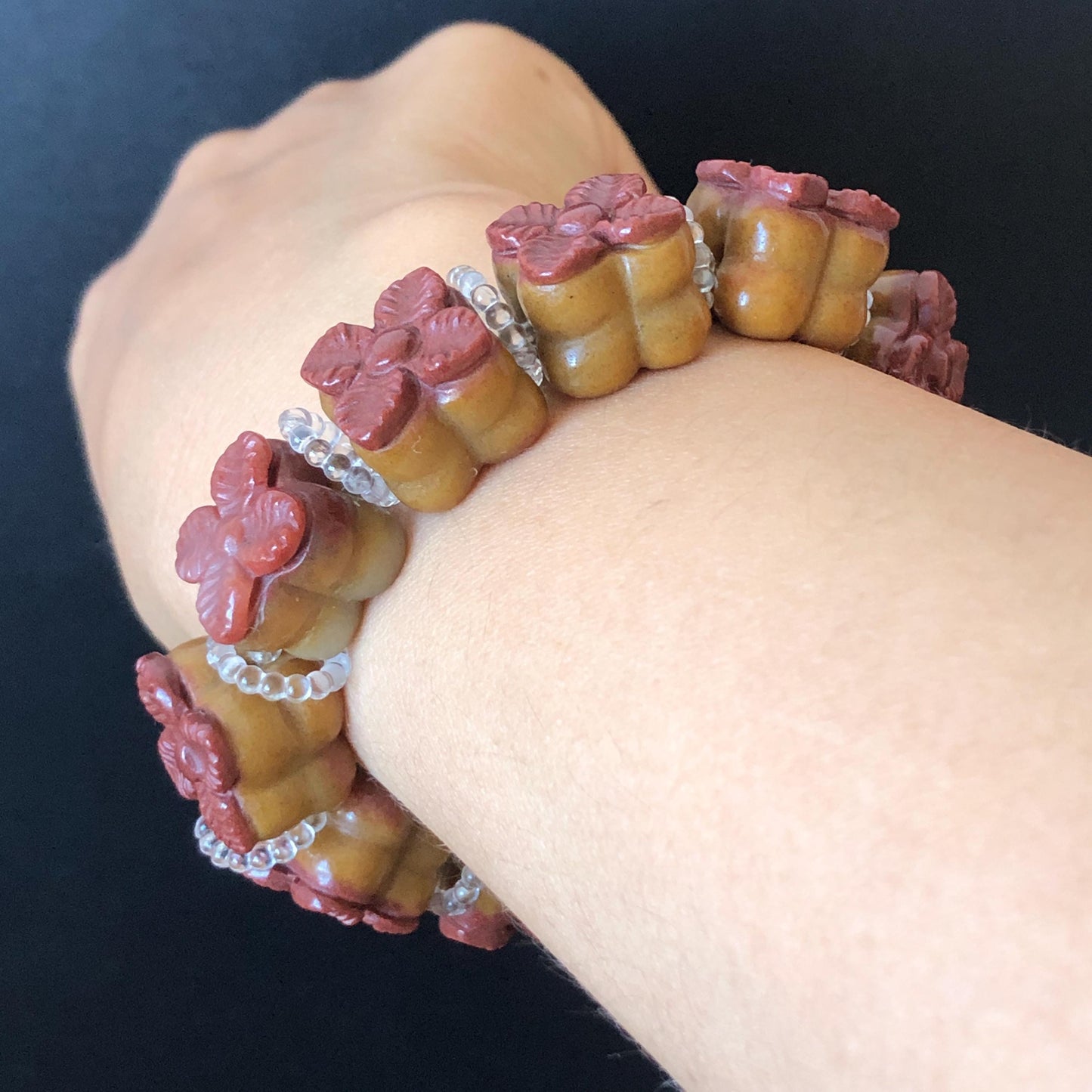 Natural SheTaiCui Jade (Quartzite) Hand Carved Bi-colour Persimmon Bracelet | Big Bead Red Orange Jade Charms | Personalization Gift for her diy bracelet brown jade red jade carving Persimmon carving hand engraved jade hand carved jade bracelet jade charms big bead bracelet elastic stretch bracelet chinese jade