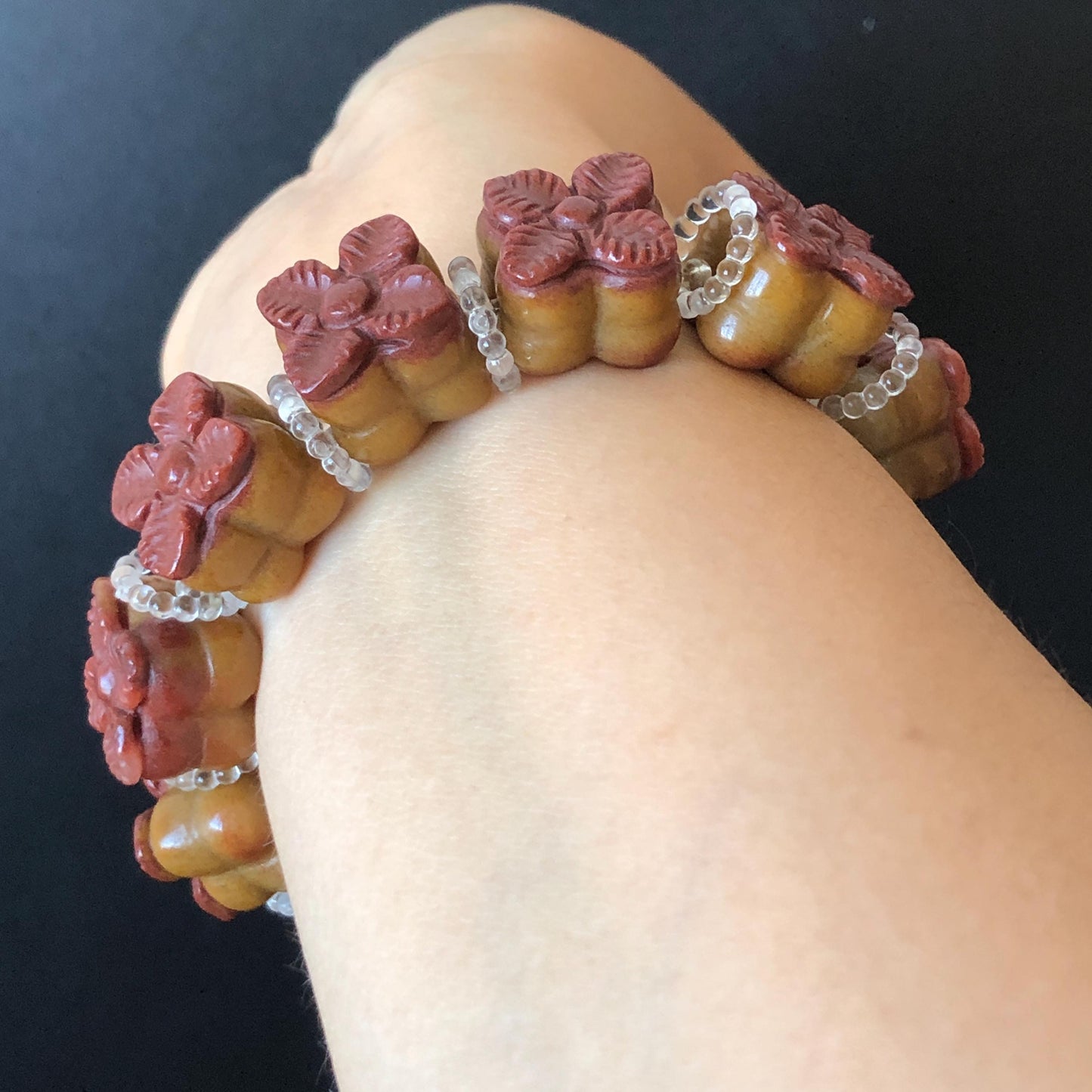 Natural SheTaiCui Jade (Quartzite) Hand Carved Bi-colour Persimmon Bracelet | Big Bead Red Orange Jade Charms | Personalization Gift for her diy bracelet brown jade red jade carving Persimmon carving hand engraved jade hand carved jade bracelet jade charms big bead bracelet elastic stretch bracelet chinese jade