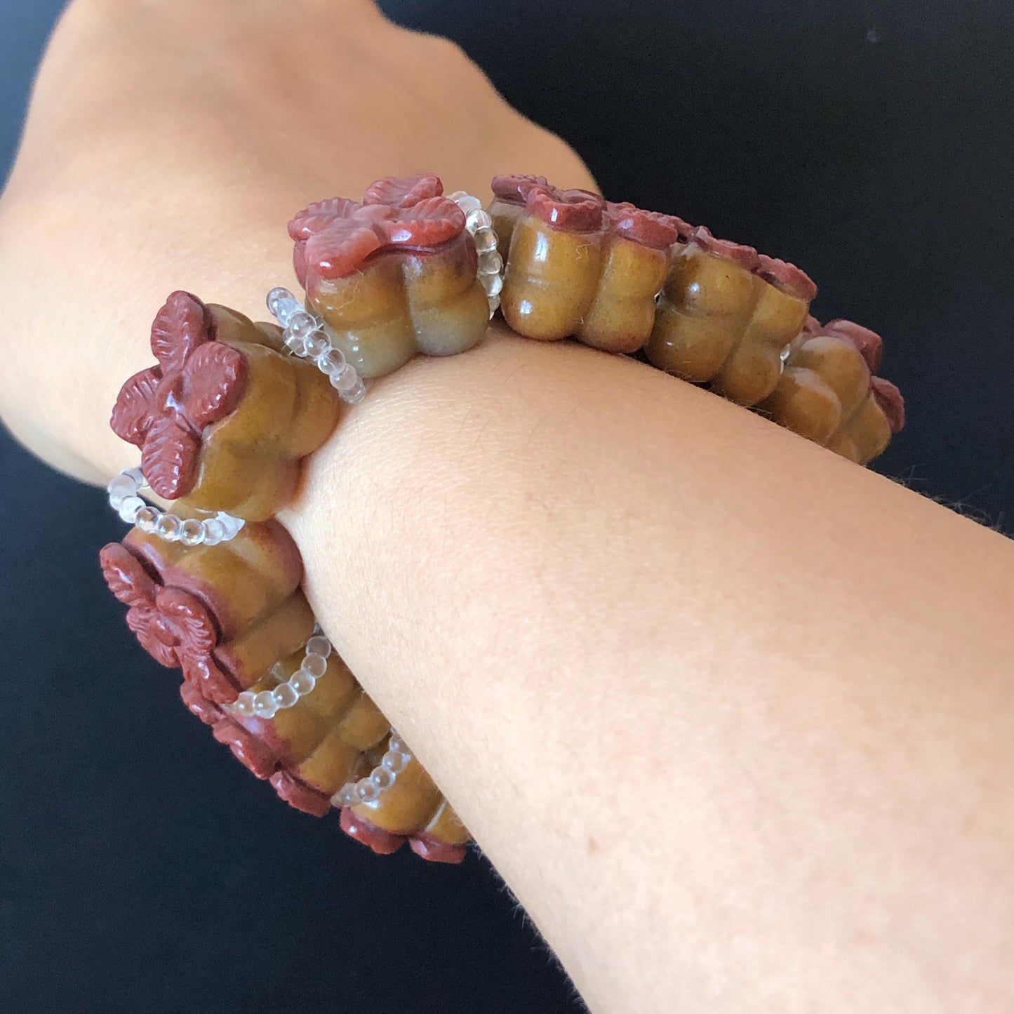 Natural SheTaiCui Jade (Quartzite) Hand Carved Bi-colour Persimmon Bracelet | Big Bead Red Orange Jade Charms | Personalization Gift for her diy bracelet brown jade red jade carving Persimmon carving hand engraved jade hand carved jade bracelet jade charms big bead bracelet elastic stretch bracelet chinese jade