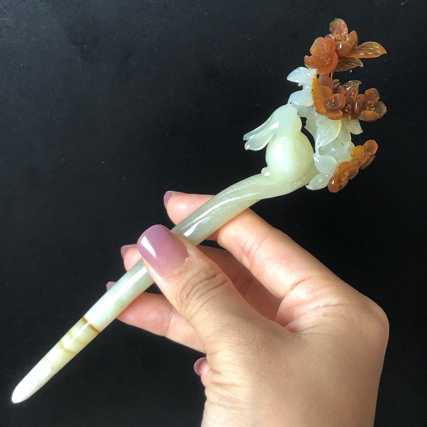 Certified Natural Xiu Jade Serpentine Hand Carved Rabbit Bunny & Osmanthus fragrans Flower Hair Pin | Bi-colour White Brown Jade Hair Stick white jade carving brown jade hairpins japanese hair comb korean hair fork chinese jade vintage hair jewelry antique hair stick hanfu hair pins wedding hair clip bridal hair stick certificate jade untreated jade