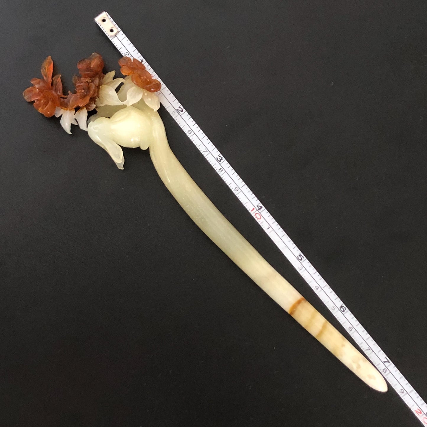 Certified Natural Xiu Jade Serpentine Hand Carved Rabbit Bunny & Osmanthus fragrans Flower Hair Pin | Bi-colour White Brown Jade Hair Stick white jade carving brown jade hairpins japanese hair comb korean hair fork chinese jade vintage hair jewelry antique hair stick hanfu hair pins wedding hair clip bridal hair stick certificate jade untreated jade