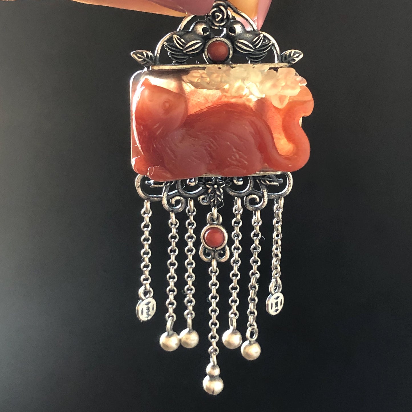 Certified Natural Xiu Jade Serpentine Hand Carved Cat & Flower Pendant Adjustable Necklace | White Red Jade | 925 Sterling Silver Dangle charm necklace gift for her vintage silver pendant red jade carving white jade bi-colour jade natural untreated jade with certificate cat carving kitten carving hand carved cat hand engraved cat charm South red agate jade choker Osmanthus fragrans caring carved flower charm flower carving cat lover gift