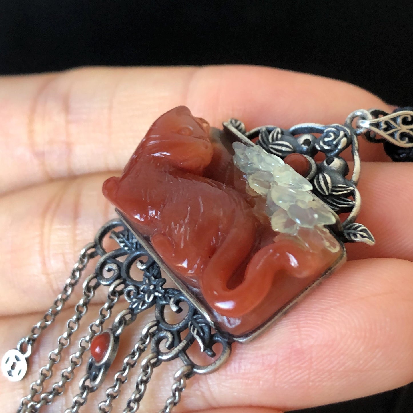 Certified Natural Xiu Jade Serpentine Hand Carved Cat & Flower Pendant Adjustable Necklace | White Red Jade | 925 Sterling Silver Dangle charm necklace gift for her vintage silver pendant red jade carving white jade bi-colour jade natural untreated jade with certificate cat carving kitten carving hand carved cat hand engraved cat charm South red agate jade choker Osmanthus fragrans caring carved flower charm flower carving cat lover gift