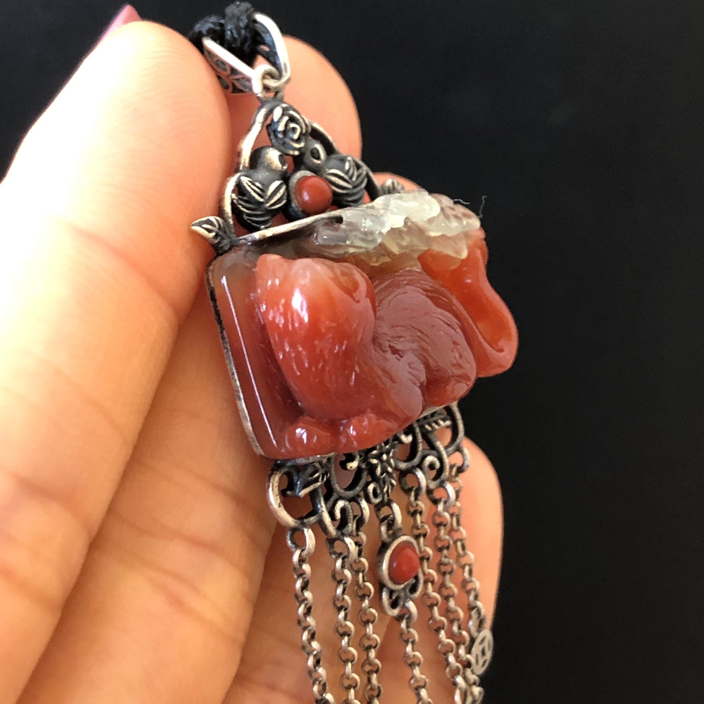 Certified Natural Xiu Jade Serpentine Hand Carved Cat & Flower Pendant Adjustable Necklace | White Red Jade | 925 Sterling Silver Dangle charm necklace gift for her vintage silver pendant red jade carving white jade bi-colour jade natural untreated jade with certificate cat carving kitten carving hand carved cat hand engraved cat charm South red agate jade choker Osmanthus fragrans caring carved flower charm flower carving cat lover gift