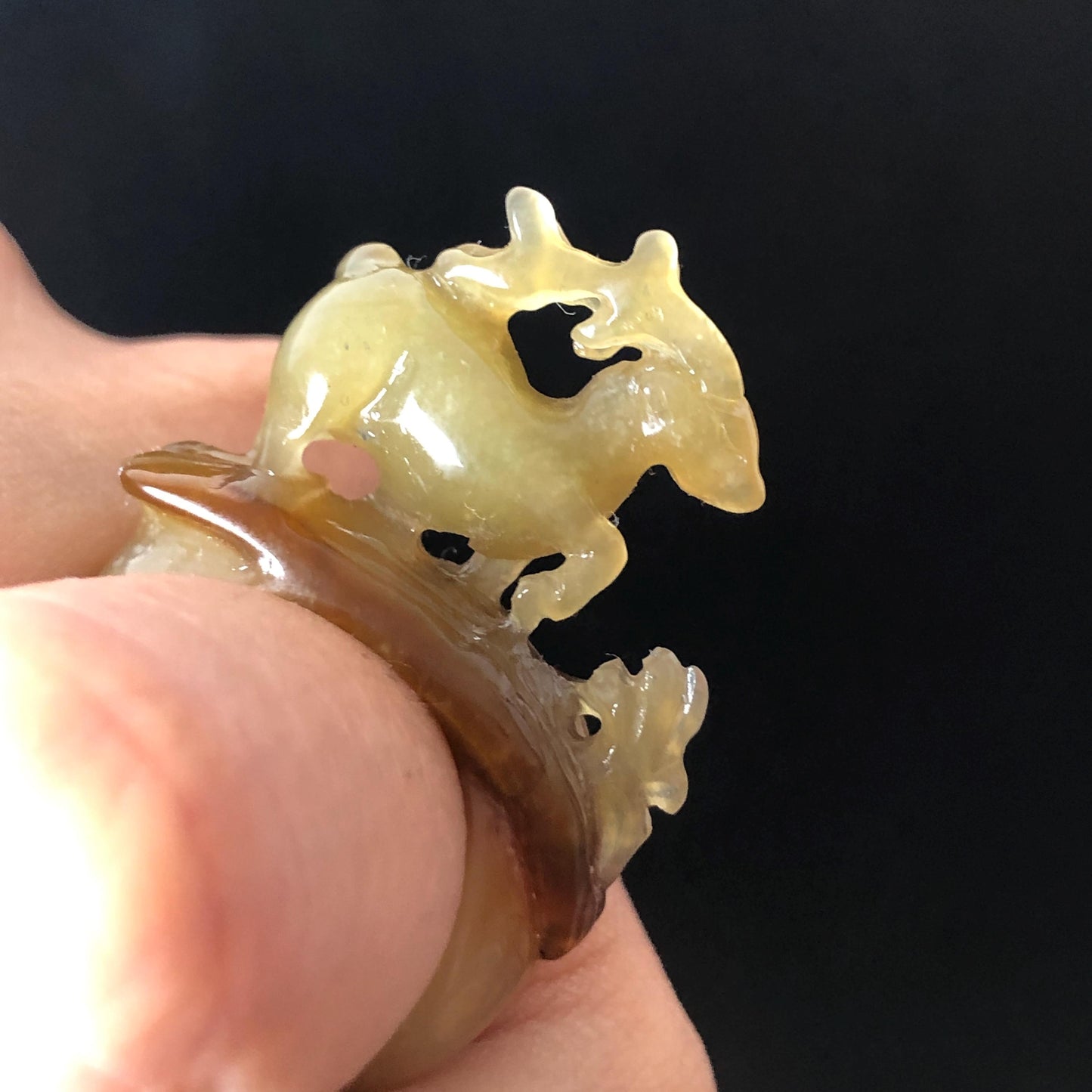 Natural Xiu Jade Serpentine Hand Carved Deer Ring Pendant | 15.6mm (US 5-5.5) | Icy Green Yellow & Brown | Gemstone Statement Ring Gift