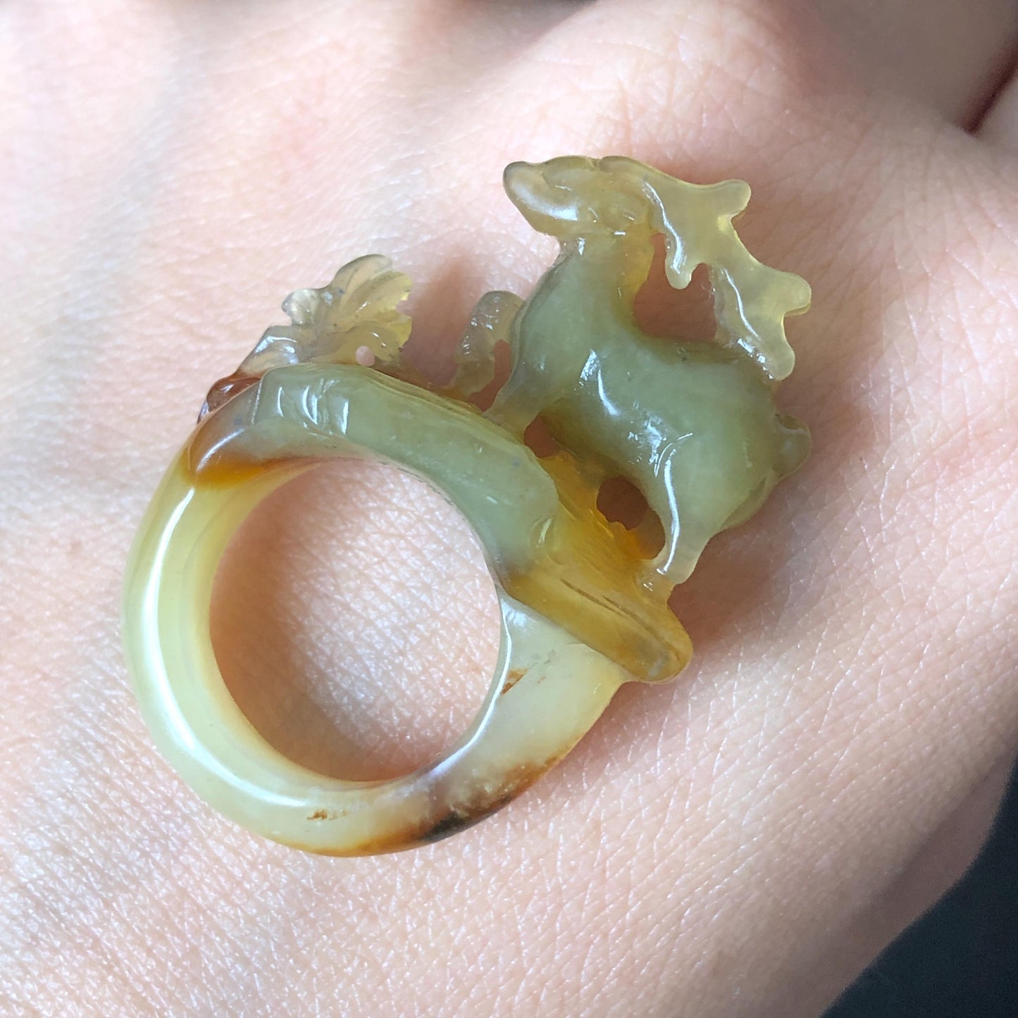Natural Xiu Jade Serpentine Hand Carved Deer Ring Pendant | 15.6mm (US 5-5.5) | Icy Green Yellow & Brown | Gemstone Statement Ring Gift