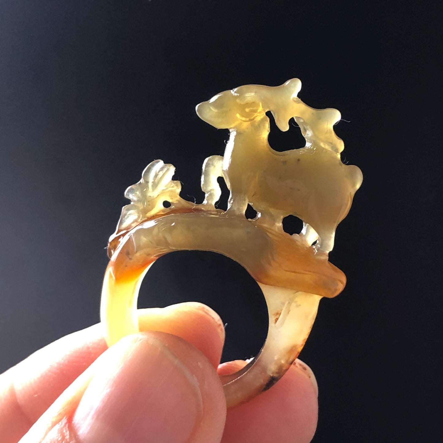Natural Xiu Jade Serpentine Hand Carved Deer Ring Pendant | 15.6mm (US 5-5.5) | Icy Green Yellow & Brown | Gemstone Statement Ring Gift