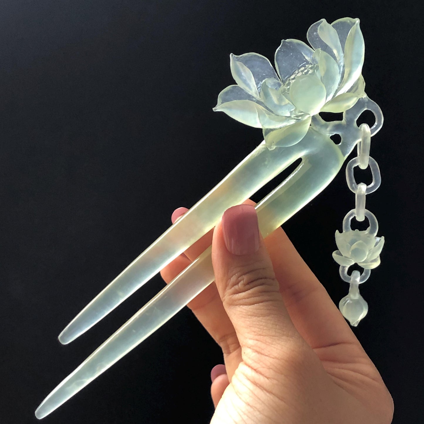 Certificate Natural Xiu Jade Serpentine Hand Carved Lotus Flower Hair Pin Dangle | Ice Green Jade Hair Stick | Asian Vintage Gift for her hand engraved green jade carving hand engraved lotus carving chinese jade fork japanese hair stick korean hair pin hanfu hairpins bridal hair clip ice jade hair comb certified untreated jade vinatge hairpin antique hair fork