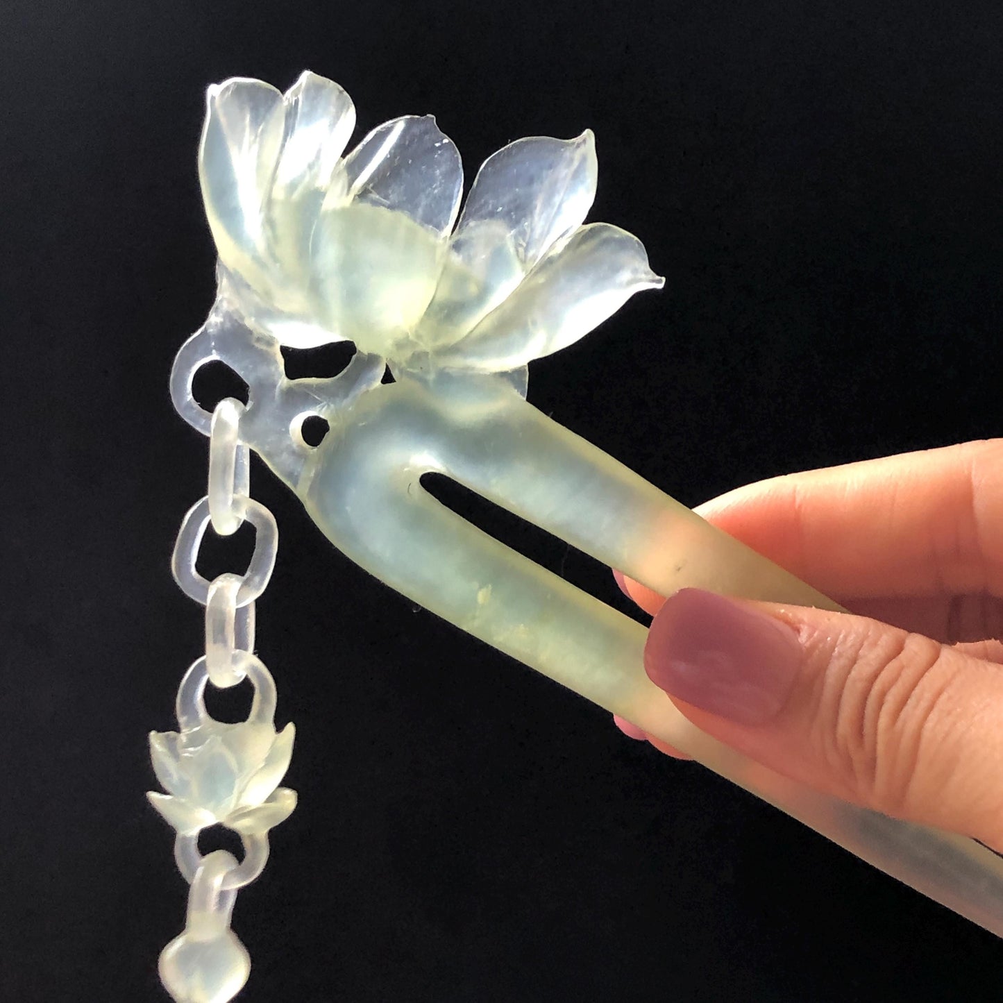 Certificate Natural Xiu Jade Serpentine Hand Carved Lotus Flower Hair Pin Dangle | Ice Green Jade Hair Stick | Asian Vintage Gift for her hand engraved green jade carving hand engraved lotus carving chinese jade fork japanese hair stick korean hair pin hanfu hairpins bridal hair clip ice jade hair comb certified untreated jade vinatge hairpin antique hair fork