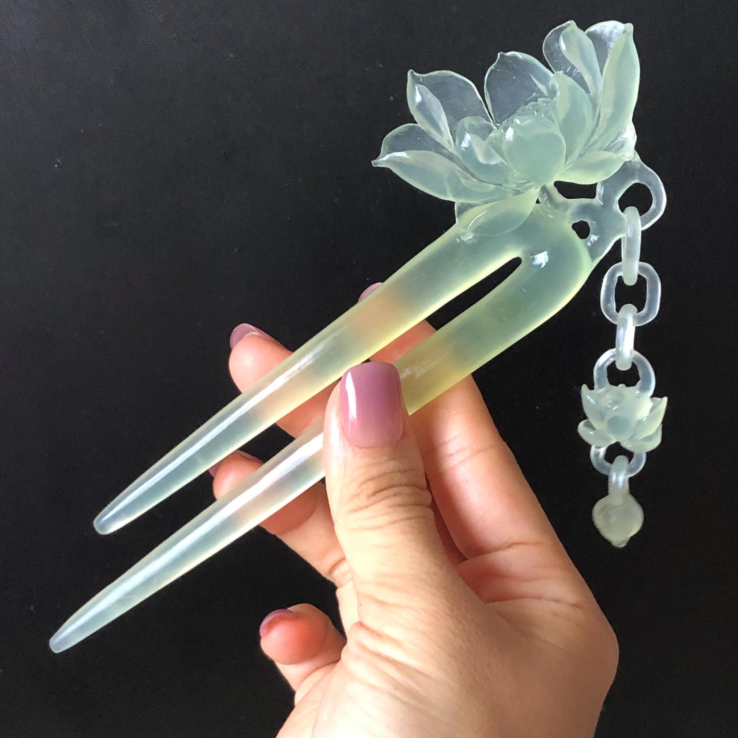 Certificate Natural Xiu Jade Serpentine Hand Carved Lotus Flower Hair Pin Dangle | Ice Green Jade Hair Stick | Asian Vintage Gift for her hand engraved green jade carving hand engraved lotus carving chinese jade fork japanese hair stick korean hair pin hanfu hairpins bridal hair clip ice jade hair comb certified untreated jade vinatge hairpin antique hair fork