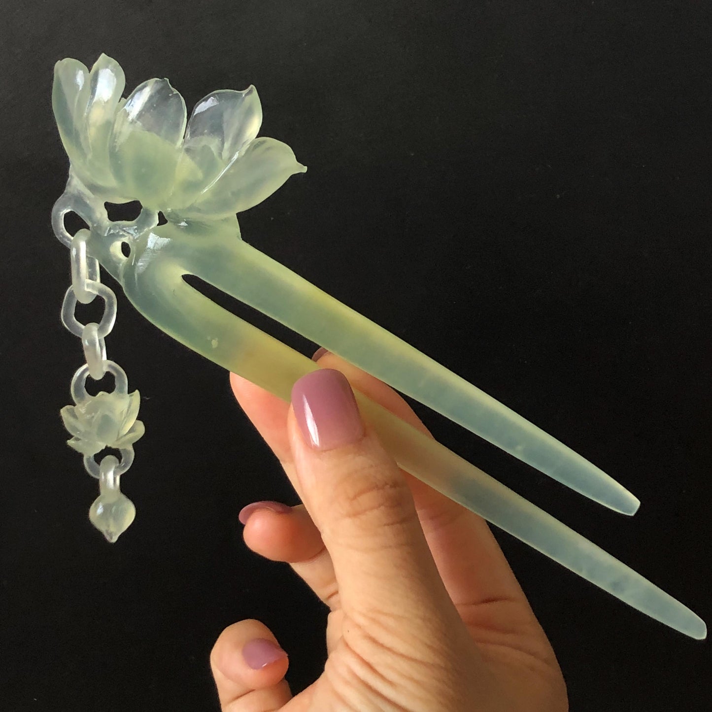 Certificate Natural Xiu Jade Serpentine Hand Carved Lotus Flower Hair Pin Dangle | Ice Green Jade Hair Stick | Asian Vintage Gift for her hand engraved green jade carving hand engraved lotus carving chinese jade fork japanese hair stick korean hair pin hanfu hairpins bridal hair clip ice jade hair comb certified untreated jade vinatge hairpin antique hair fork