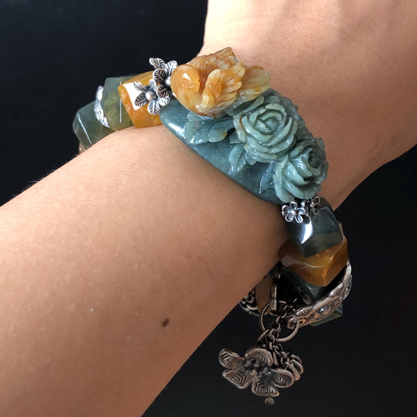 Certificate Xiu Jade Serpentine Hand Carved Bird & Rose Charm Irregular Bead Bracelet | Greenish Blue Yellow Jade | Vintage Tibetan Silver Bracelet Gift for her
Blue Jade Carving Green Jade Bracelet Yellow Jade Jewelry diy bracelet certified natural untreated jade carved rose charm engraved bird charm big bead Chunky Bead Bracelet dangle bracelet