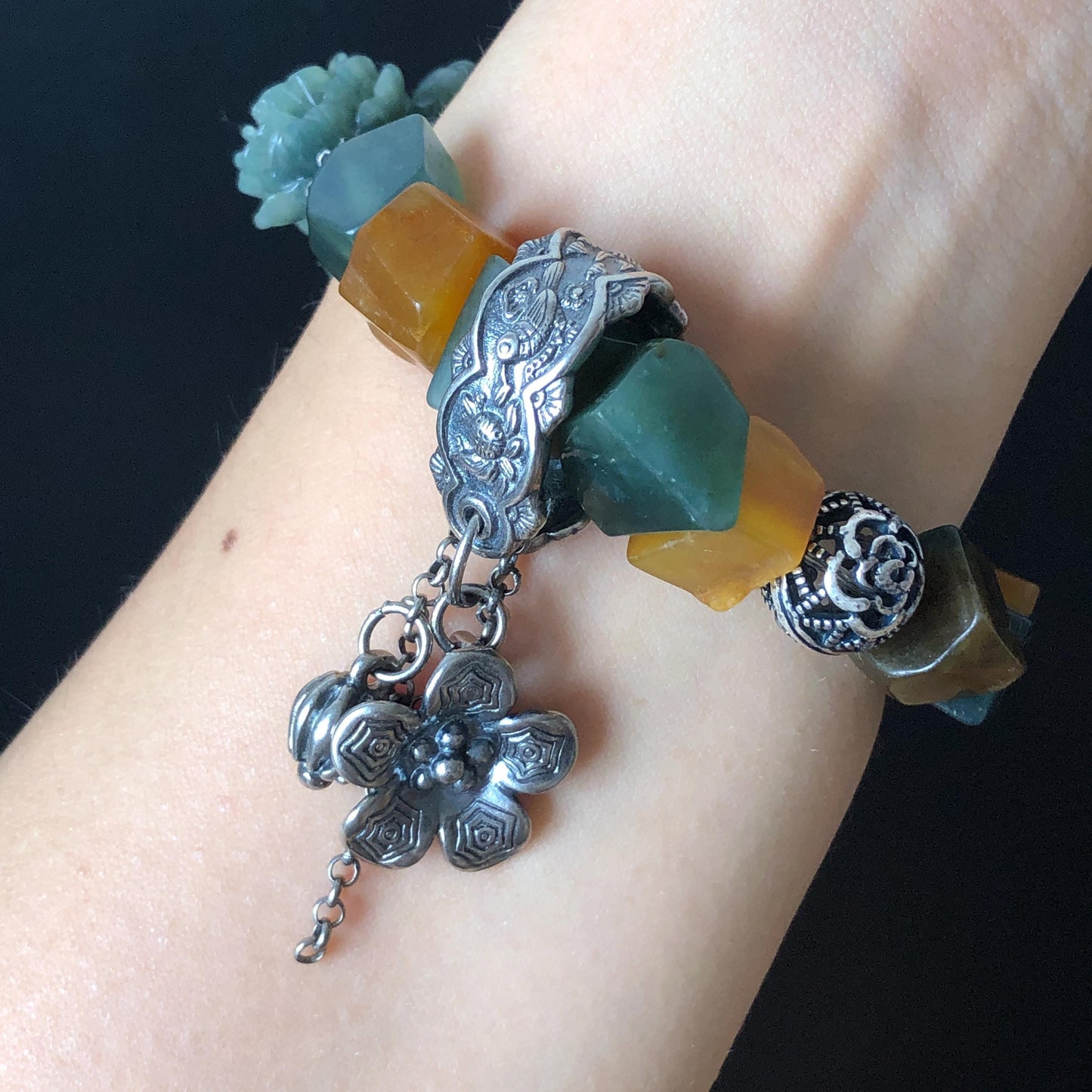 Certificate Xiu Jade Serpentine Hand Carved Bird & Rose Charm Irregular Bead Bracelet | Greenish Blue Yellow Jade | Vintage Tibetan Silver Bracelet Gift for her
Blue Jade Carving Green Jade Bracelet Yellow Jade Jewelry diy bracelet certified natural untreated jade carved rose charm engraved bird charm big bead Chunky Bead Bracelet dangle bracelet