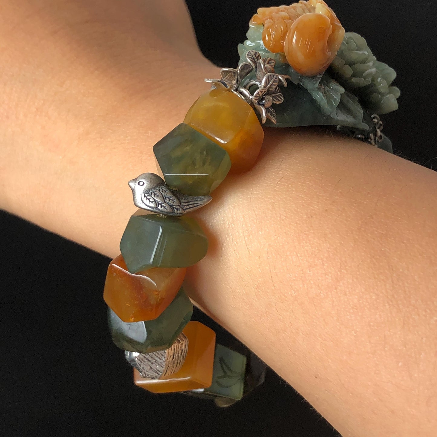 Certificate Xiu Jade Serpentine Hand Carved Bird & Rose Charm Irregular Bead Bracelet | Greenish Blue Yellow Jade | Vintage Tibetan Silver Bracelet Gift for her
Blue Jade Carving Green Jade Bracelet Yellow Jade Jewelry diy bracelet certified natural untreated jade carved rose charm engraved bird charm big bead Chunky Bead Bracelet dangle bracelet