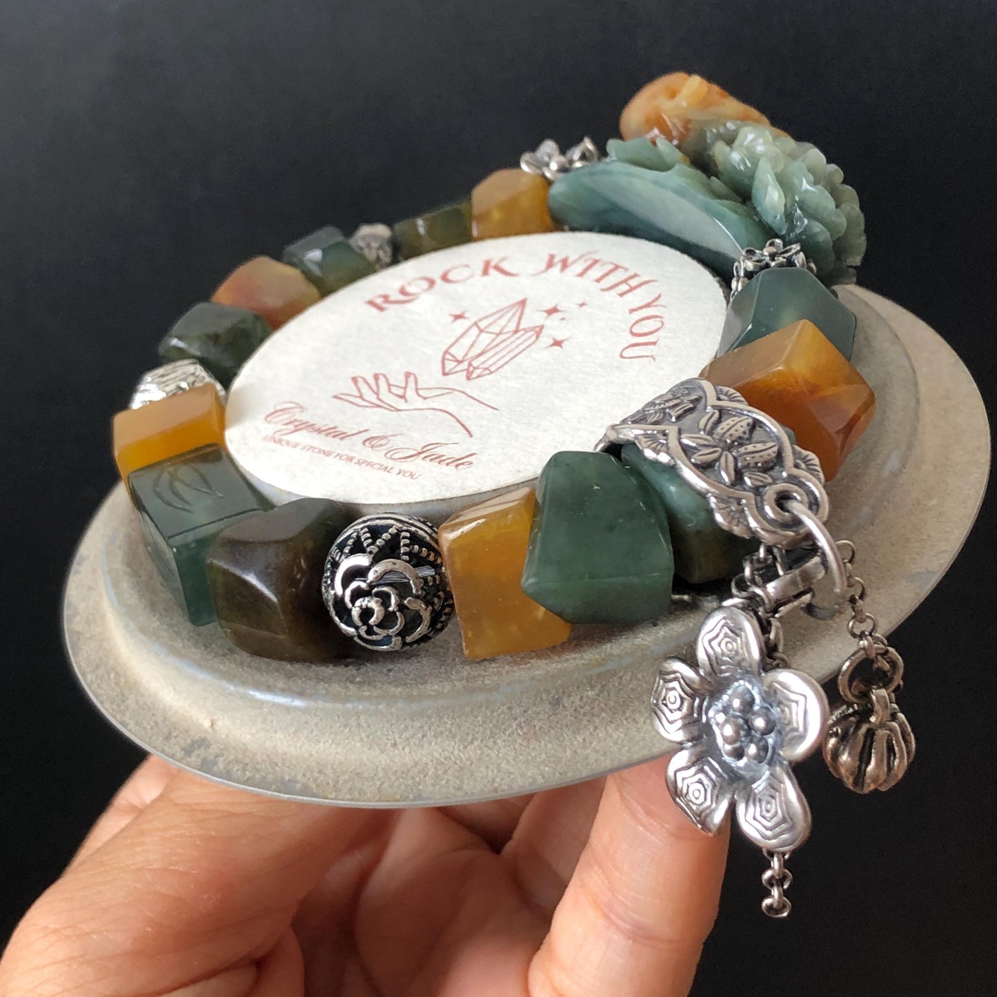 Certificate Xiu Jade Serpentine Hand Carved Bird & Rose Charm Irregular Bead Bracelet | Greenish Blue Yellow Jade | Vintage Tibetan Silver Bracelet Gift for her
Blue Jade Carving Green Jade Bracelet Yellow Jade Jewelry diy bracelet certified natural untreated jade carved rose charm engraved bird charm big bead Chunky Bead Bracelet dangle bracelet
