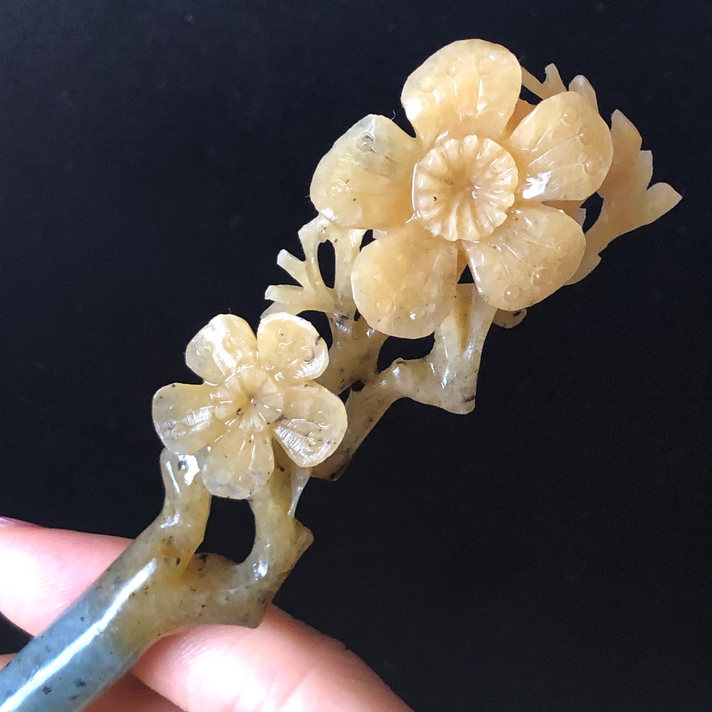 Certified Natural Xiu Jade Serpentine Hand Carved Plum Blossom Flower Hair Pin | Yellow & Green Jade Hair Stick | Asian Chinese Vintage Gift for her hand engraved green jade carving hand carved yellow jade hair pins flower carving korean hair comb chinese hair fork japanese hair clip bridal shower hair pins natural untreated jade with certificate vintage hair stick antique hair fork