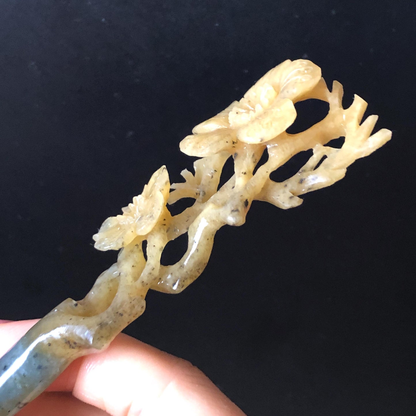 Certified Natural Xiu Jade Serpentine Hand Carved Plum Blossom Flower Hair Pin | Yellow & Green Jade Hair Stick | Asian Chinese Vintage Gift for her hand engraved green jade carving hand carved yellow jade hair pins flower carving korean hair comb chinese hair fork japanese hair clip bridal shower hair pins natural untreated jade with certificate vintage hair stick antique hair fork