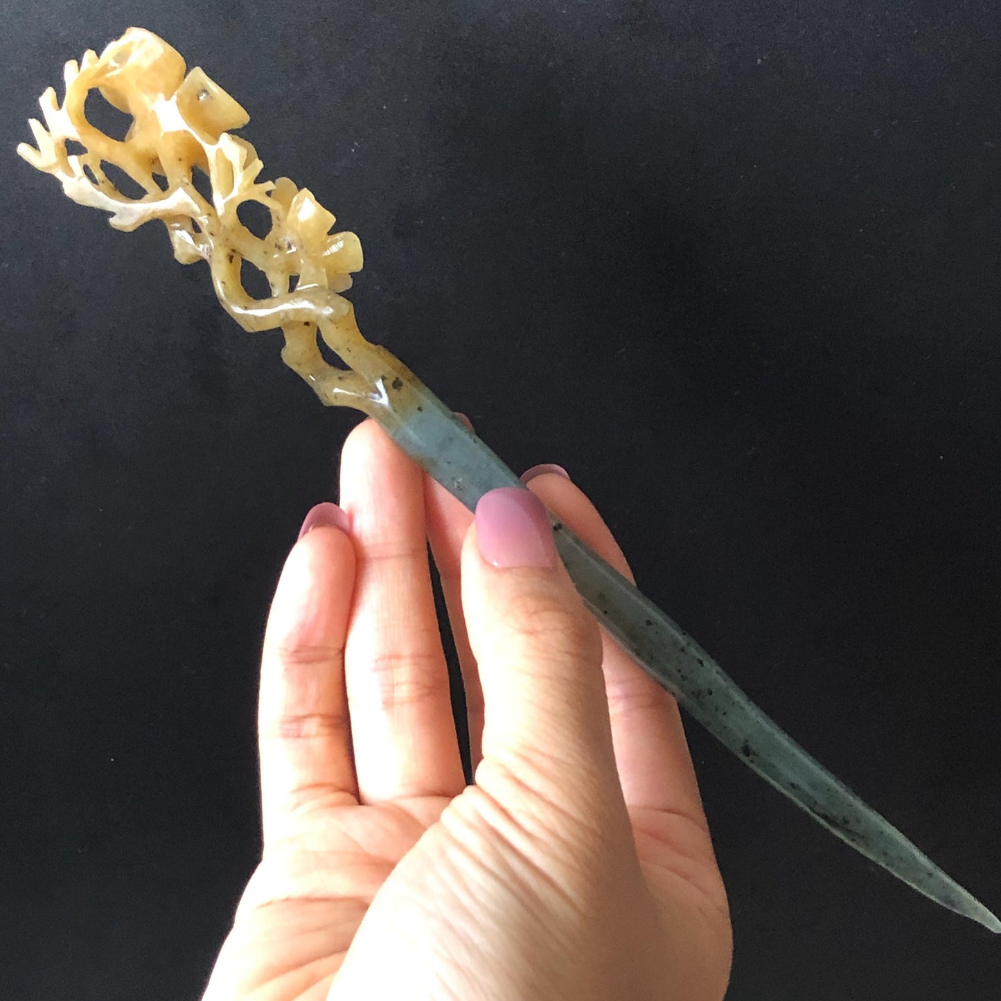 Certified Natural Xiu Jade Serpentine Hand Carved Plum Blossom Flower Hair Pin | Yellow & Green Jade Hair Stick | Asian Chinese Vintage Gift for her hand engraved green jade carving hand carved yellow jade hair pins flower carving korean hair comb chinese hair fork japanese hair clip bridal shower hair pins natural untreated jade with certificate vintage hair stick antique hair fork