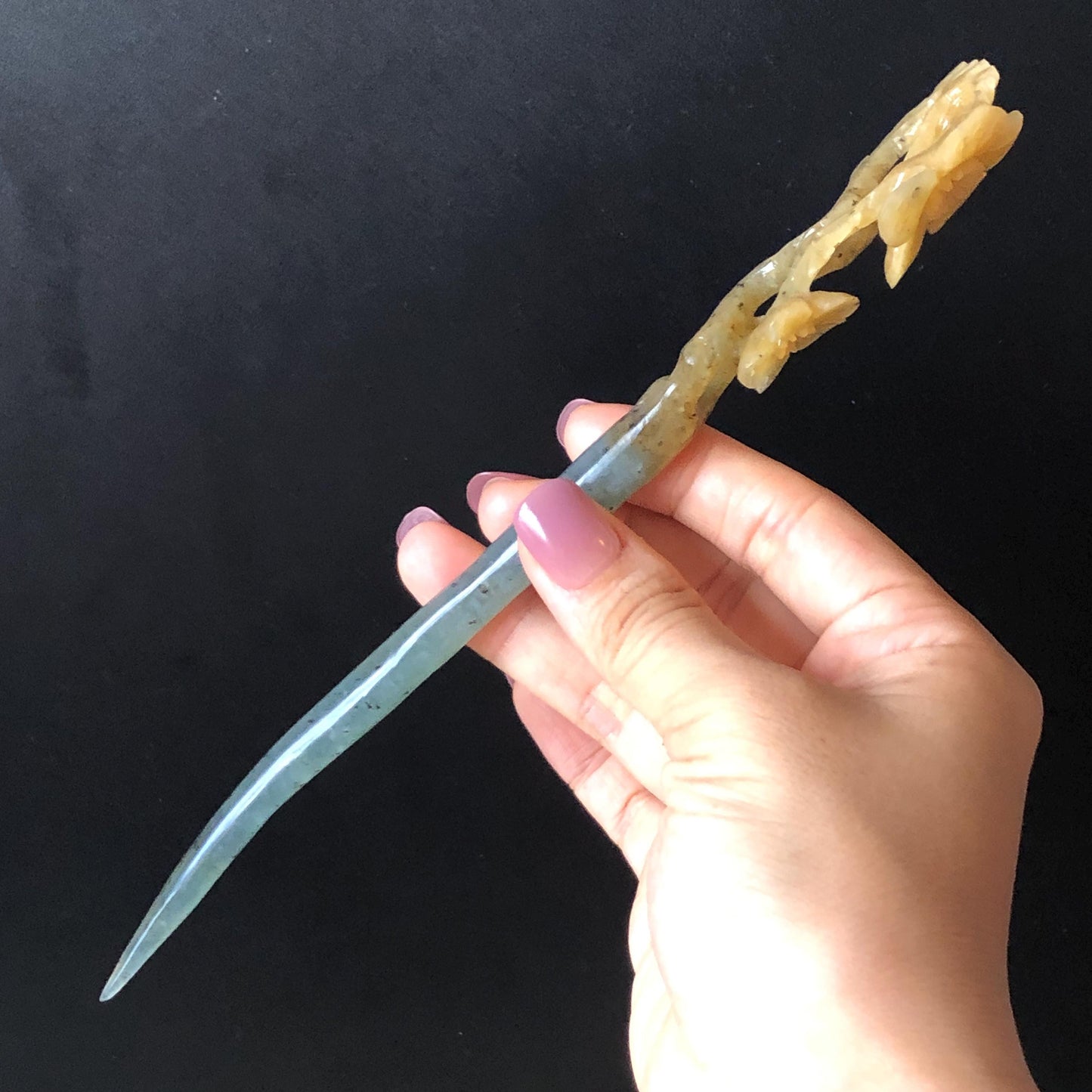 Certified Natural Xiu Jade Serpentine Hand Carved Plum Blossom Flower Hair Pin | Yellow & Green Jade Hair Stick | Asian Chinese Vintage Gift for her hand engraved green jade carving hand carved yellow jade hair pins flower carving korean hair comb chinese hair fork japanese hair clip bridal shower hair pins natural untreated jade with certificate vintage hair stick antique hair fork