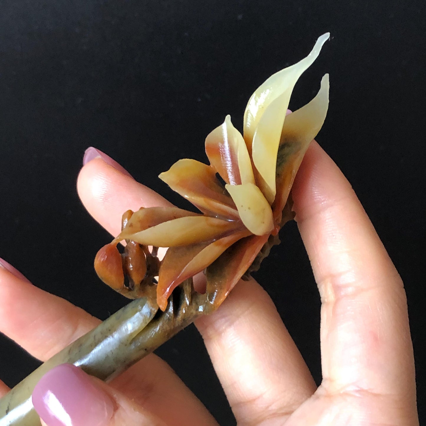 Certified Natural Xiu Jade Serpentine Hand Carved Yulan Flower Hair Pin | Yellow Brown Green Jade Hair Stick | Asian Hair Fork Vintage Gift for her hand engraved green jade carving hand carved yellow jade brown jade korean hairpins japanese hair stick hanfu hair pins chinese hair fork vinatge hair comb bridal shower hair clip hair jewelry natural untreated jade with certificate
