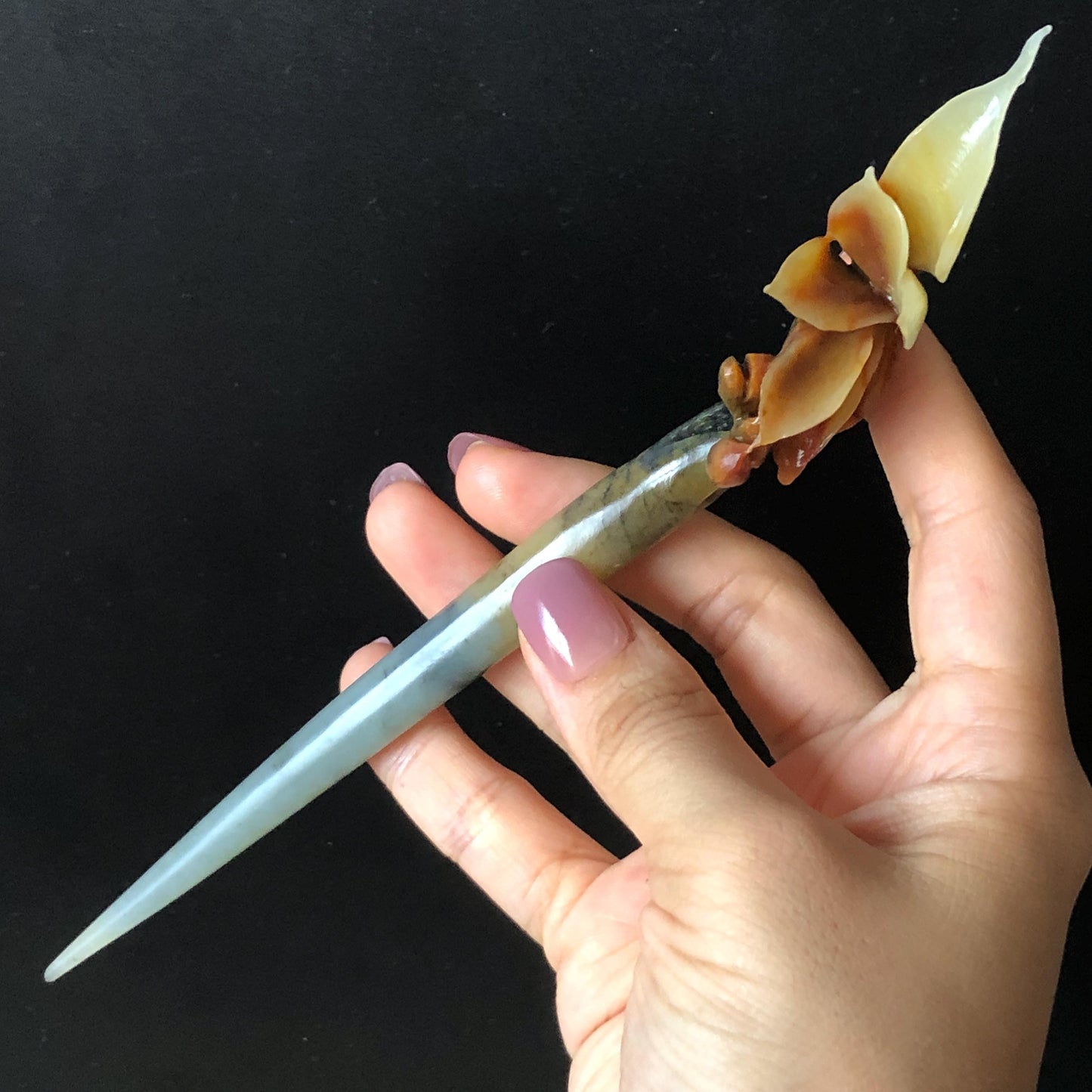 Certified Natural Xiu Jade Serpentine Hand Carved Yulan Flower Hair Pin | Yellow Brown Green Jade Hair Stick | Asian Hair Fork Vintage Gift for her hand engraved green jade carving hand carved yellow jade brown jade korean hairpins japanese hair stick hanfu hair pins chinese hair fork vinatge hair comb bridal shower hair clip hair jewelry natural untreated jade with certificate