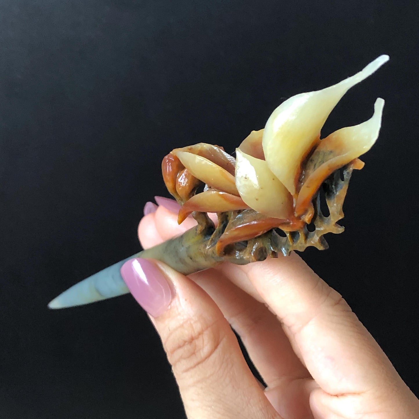 Certified Natural Xiu Jade Serpentine Hand Carved Yulan Flower Hair Pin | Yellow Brown Green Jade Hair Stick | Asian Hair Fork Vintage Gift for her hand engraved green jade carving hand carved yellow jade brown jade korean hairpins japanese hair stick hanfu hair pins chinese hair fork vinatge hair comb bridal shower hair clip hair jewelry natural untreated jade with certificate