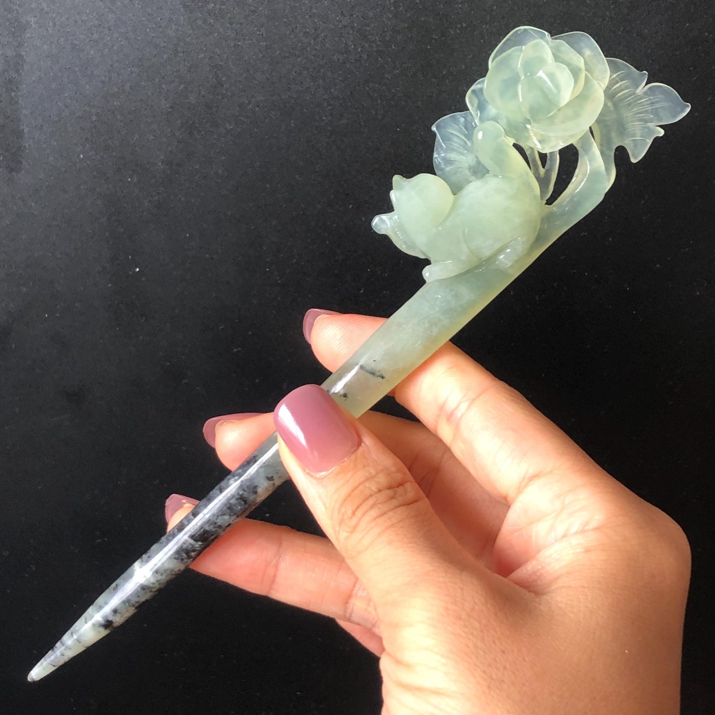 Certified Natural Xiu Jade Serpentine Hand Carved Hair Pin | Cat & Rose | Green Jade Hair Stick | Asian Chinese Vintage Hairpin Gift for her hand engraved green jade carving hand carved cat hairpin cat carving hand engraved rose hair stick chinese jade hair comb hanfu hair fork korean hairpins japanese hair clip cat lover gift vintage hair stick natural untreated jade with certificate
