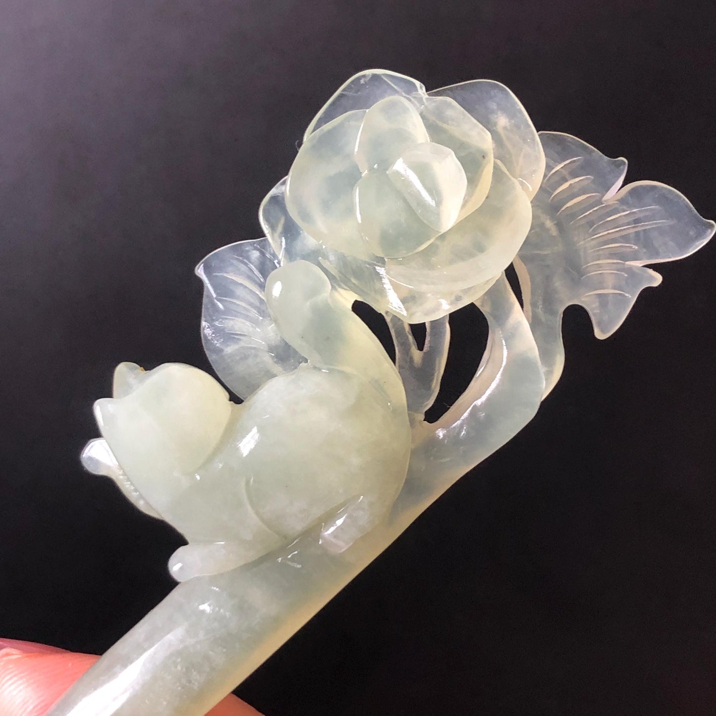 Certified Natural Xiu Jade Serpentine Hand Carved Hair Pin | Cat & Rose | Green Jade Hair Stick | Asian Chinese Vintage Hairpin Gift for her hand engraved green jade carving hand carved cat hairpin cat carving hand engraved rose hair stick chinese jade hair comb hanfu hair fork korean hairpins japanese hair clip cat lover gift vintage hair stick natural untreated jade with certificate