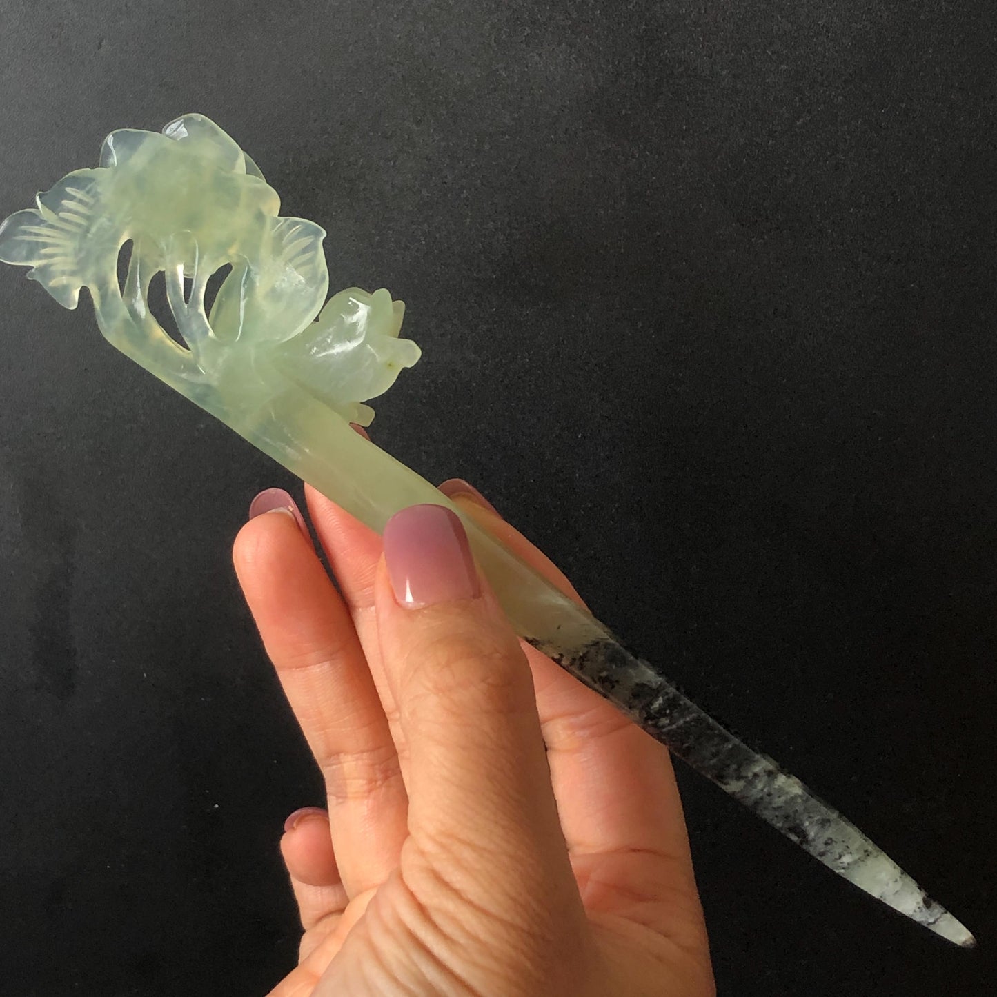 Certified Natural Xiu Jade Serpentine Hand Carved Hair Pin | Cat & Rose | Green Jade Hair Stick | Asian Chinese Vintage Hairpin Gift for her hand engraved green jade carving hand carved cat hairpin cat carving hand engraved rose hair stick chinese jade hair comb hanfu hair fork korean hairpins japanese hair clip cat lover gift vintage hair stick natural untreated jade with certificate