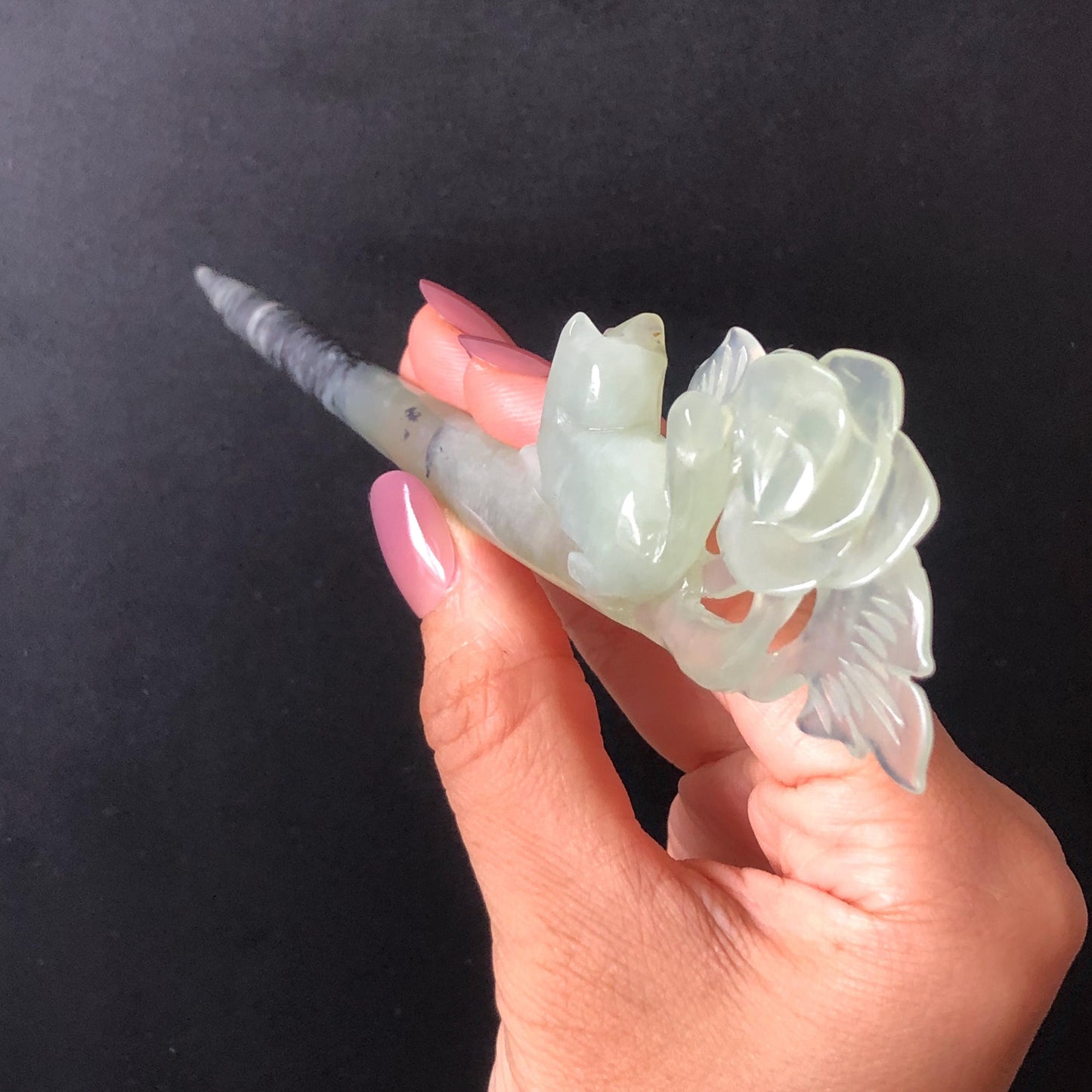Certified Natural Xiu Jade Serpentine Hand Carved Hair Pin | Cat & Rose | Green Jade Hair Stick | Asian Chinese Vintage Hairpin Gift for her hand engraved green jade carving hand carved cat hairpin cat carving hand engraved rose hair stick chinese jade hair comb hanfu hair fork korean hairpins japanese hair clip cat lover gift vintage hair stick natural untreated jade with certificate