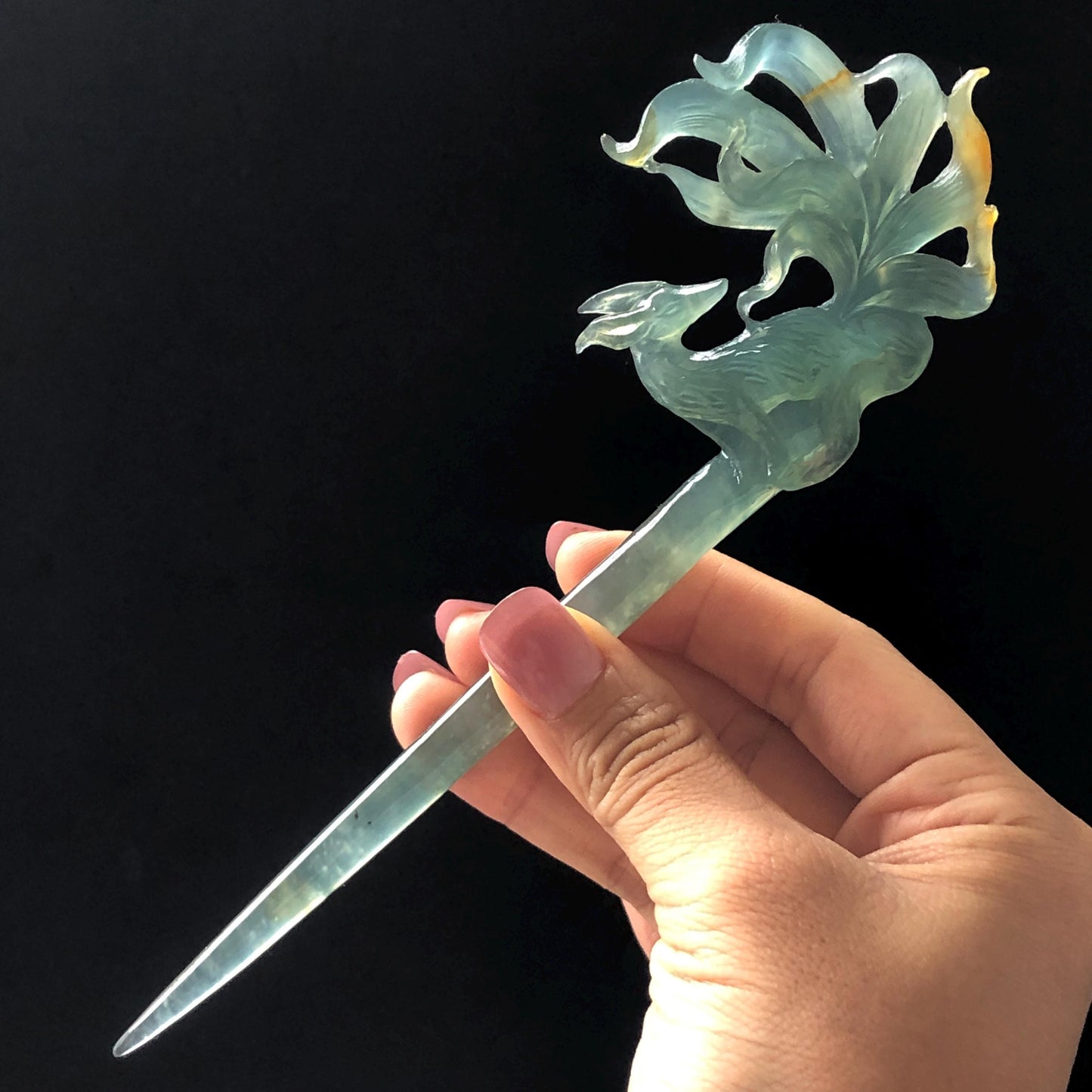 Certificate Natural Xiu Jade Serpentine Hand Carved Nine tailed fox Hair Pin | Icy Greenish Blue Yellow Jade Hair Stick | Asian Chinese Jade hair comb japanese hairpins koran hair stick hanfu hair pin hair comb hair fork antique hair stick certified jade carving hand carved fox carving green jade blue jade yellow jade hand engraved jade gift for her bridal shower hair clip wedding hair jewelry