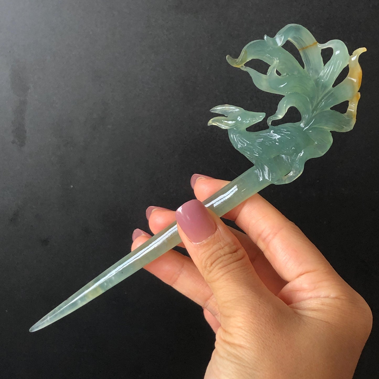 Certificate Natural Xiu Jade Serpentine Hand Carved Nine tailed fox Hair Pin | Icy Greenish Blue Yellow Jade Hair Stick | Asian Chinese Jade hair comb japanese hairpins koran hair stick hanfu hair pin hair comb hair fork antique hair stick certified jade carving hand carved fox carving green jade blue jade yellow jade hand engraved jade gift for her bridal shower hair clip wedding hair jewelry