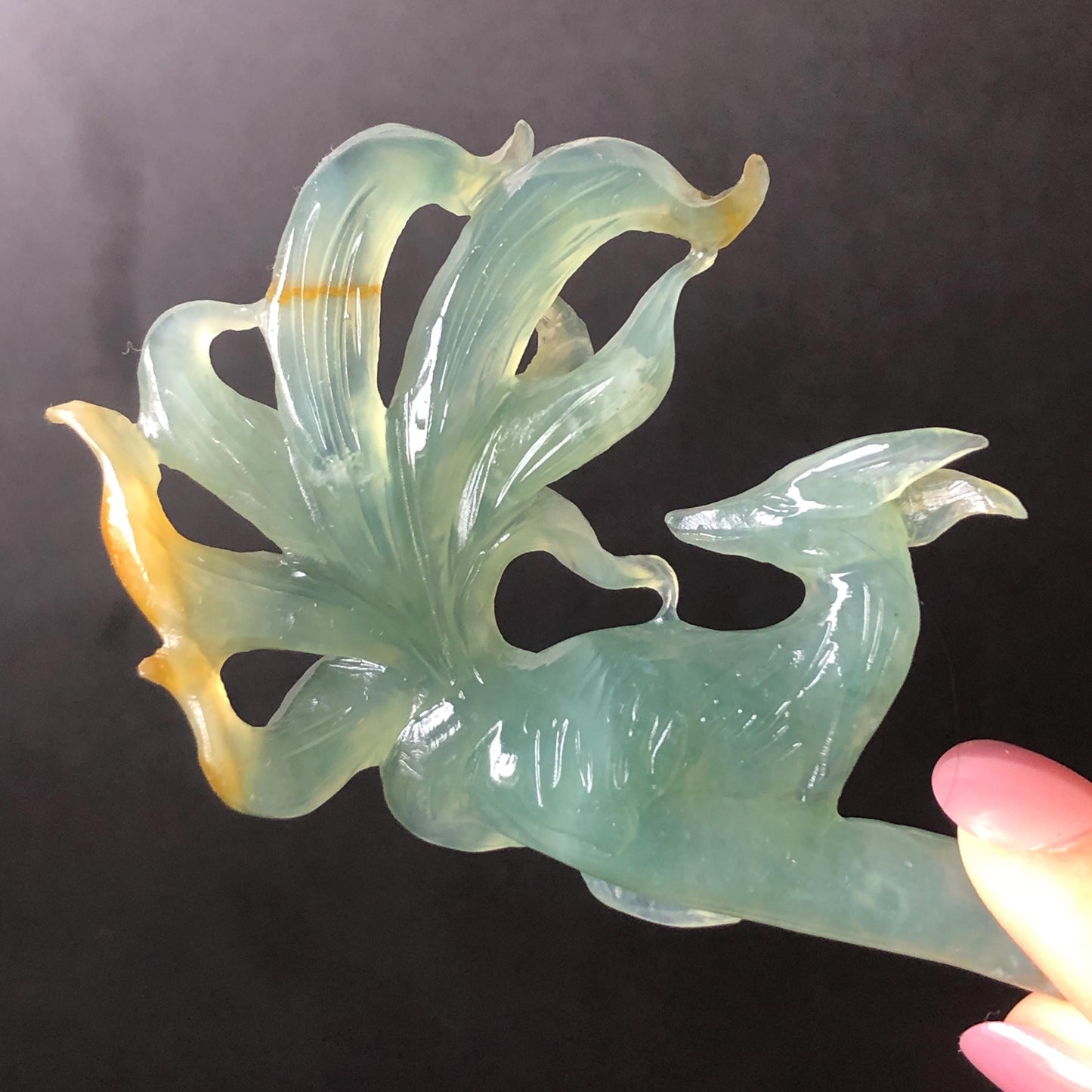 Certificate Natural Xiu Jade Serpentine Hand Carved Nine tailed fox Hair Pin | Icy Greenish Blue Yellow Jade Hair Stick | Asian Chinese Jade hair comb japanese hairpins koran hair stick hanfu hair pin hair comb hair fork antique hair stick certified jade carving hand carved fox carving green jade blue jade yellow jade hand engraved jade gift for her bridal shower hair clip wedding hair jewelry