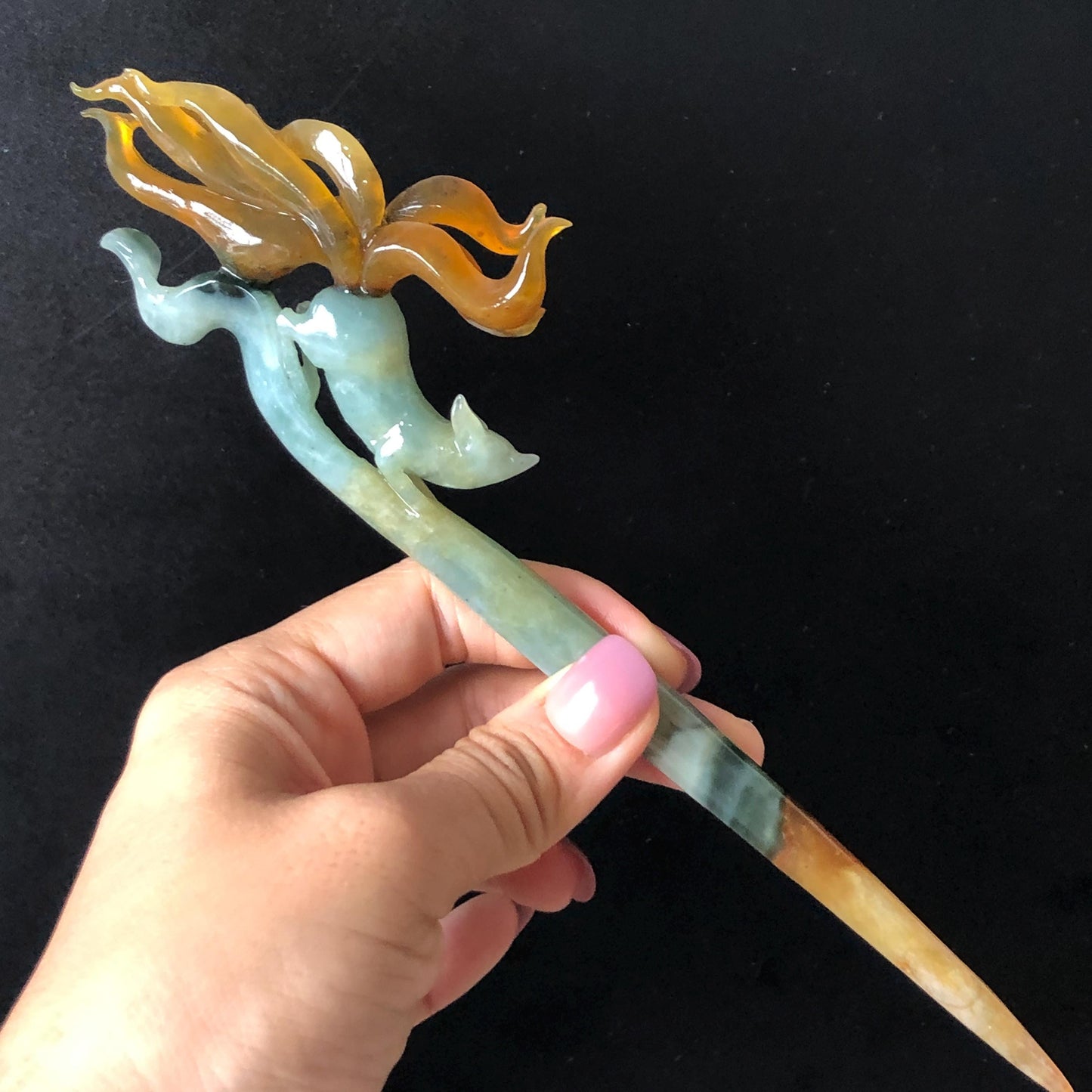 Certified Natural Xiu Jade Serpentine Hand Carved Bi-color Nine Tailed Fox Hair Pin | Greenish Blue & Caramel Brown Jade Vintage Hair Stick Gift for her brown jade blue jade carving green jade chinese hair fork japanese hair clip korean hairpin hanfu hair pins nine tailed fox carving hand engraved fox wedding hair accessories bridal headpiece bridal shower gift antique hair comb