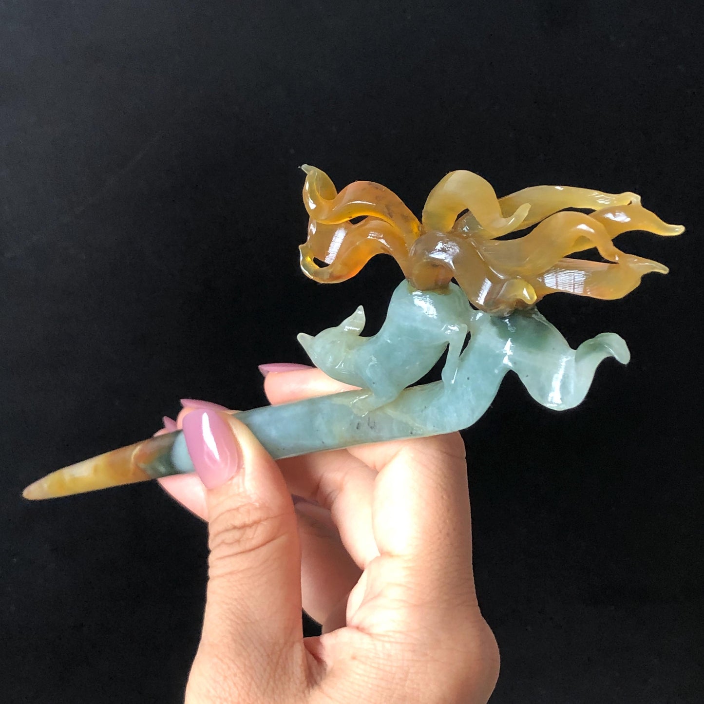 Certified Natural Xiu Jade Serpentine Hand Carved Bi-color Nine Tailed Fox Hair Pin | Greenish Blue & Caramel Brown Jade Vintage Hair Stick Gift for her brown jade blue jade carving green jade chinese hair fork japanese hair clip korean hairpin hanfu hair pins nine tailed fox carving hand engraved fox wedding hair accessories bridal headpiece bridal shower gift antique hair comb