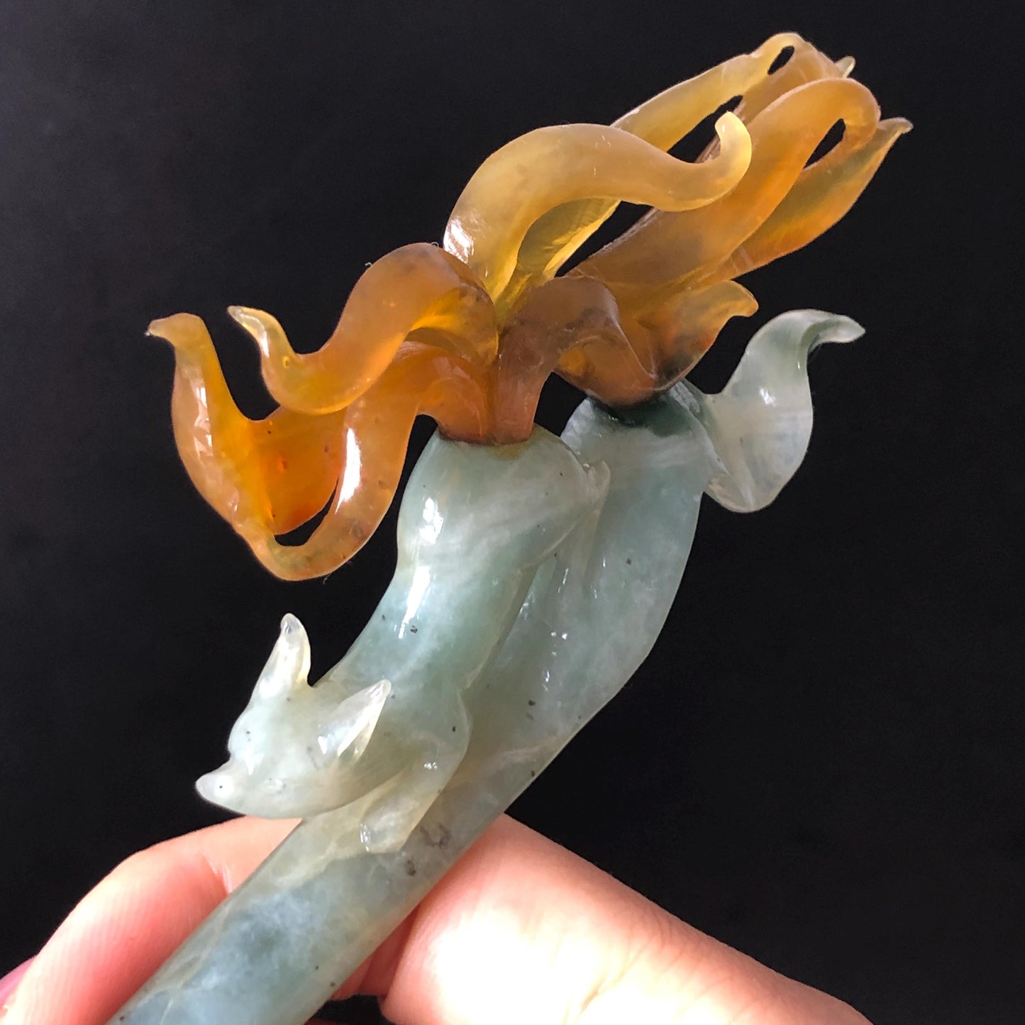 Certified Natural Xiu Jade Serpentine Hand Carved Bi-color Nine Tailed Fox Hair Pin | Greenish Blue & Caramel Brown Jade Vintage Hair Stick Gift for her brown jade blue jade carving green jade chinese hair fork japanese hair clip korean hairpin hanfu hair pins nine tailed fox carving hand engraved fox wedding hair accessories bridal headpiece bridal shower gift antique hair comb
