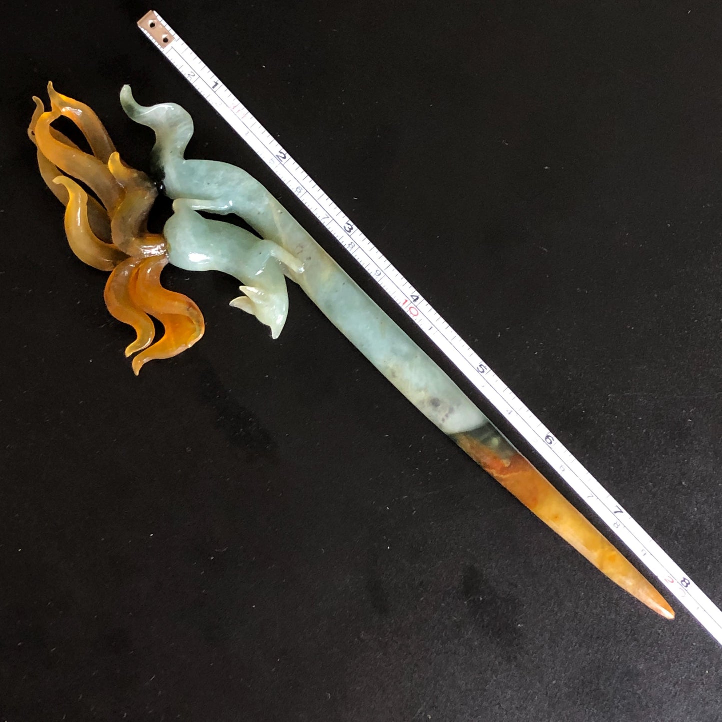 Certified Natural Xiu Jade Serpentine Hand Carved Bi-color Nine Tailed Fox Hair Pin | Greenish Blue & Caramel Brown Jade Vintage Hair Stick Gift for her brown jade blue jade carving green jade chinese hair fork japanese hair clip korean hairpin hanfu hair pins nine tailed fox carving hand engraved fox wedding hair accessories bridal headpiece bridal shower gift antique hair comb