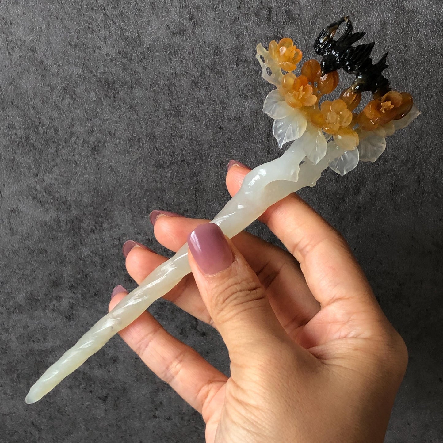 Certified Xiu Jade Serpentine Hand Carved Swallow Bird & Flowers Hair Pin | Black Yellow White Jade Hair Stick | Asian Chinese Vintage Gift for her, white jade carving yellow jade black jade bird carving flower carving hand carved flower hand engraved bird certificate jade certified natural untreated jade korean hairpin japanese hair stick chinese hair comb vinatge hair fork bridal hair clip wedding hair pin engagement hair stick