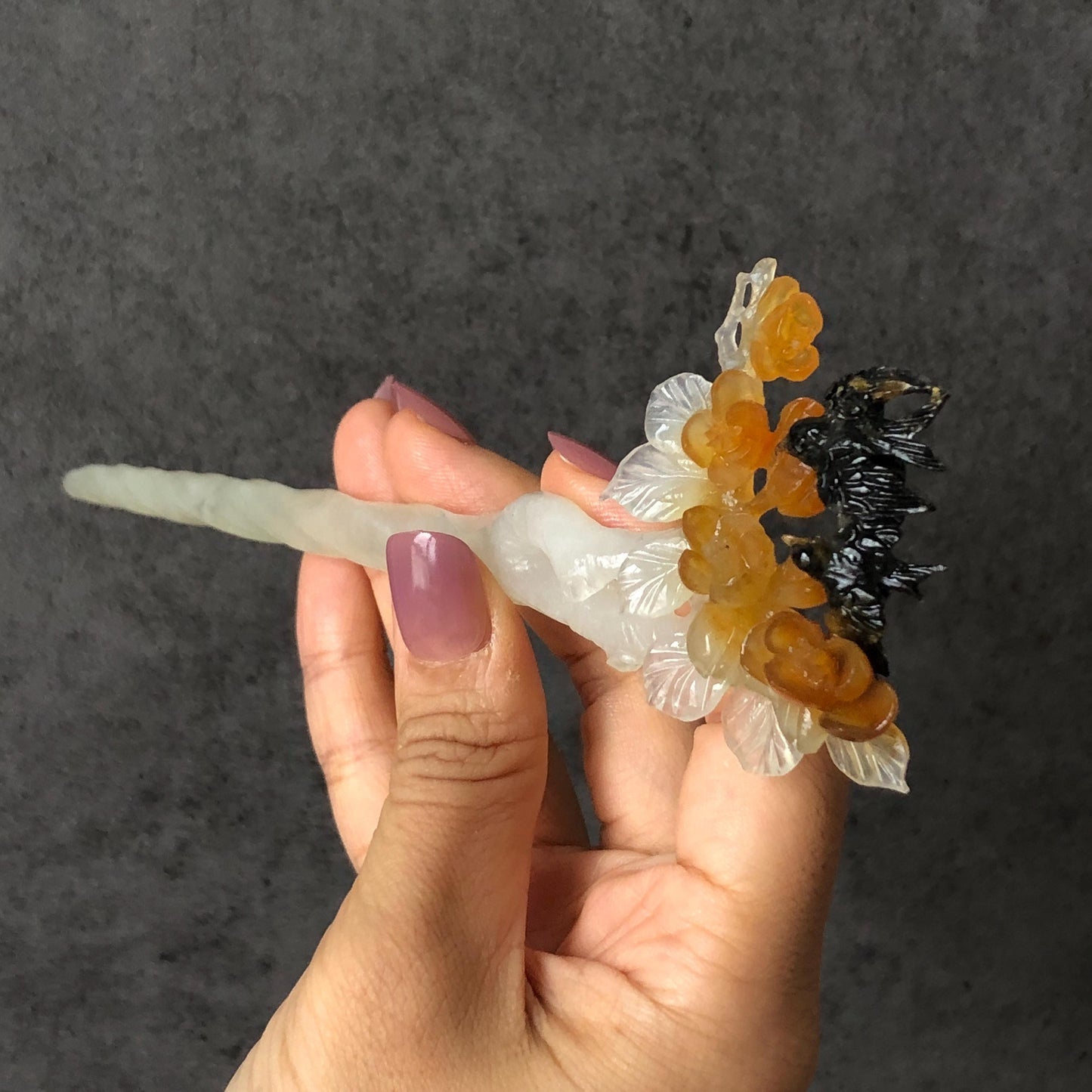 Certified Xiu Jade Serpentine Hand Carved Swallow Bird & Flowers Hair Pin | Black Yellow White Jade Hair Stick | Asian Chinese Vintage Gift for her, white jade carving yellow jade black jade bird carving flower carving hand carved flower hand engraved bird certificate jade certified natural untreated jade korean hairpin japanese hair stick chinese hair comb vinatge hair fork bridal hair clip wedding hair pin engagement hair stick