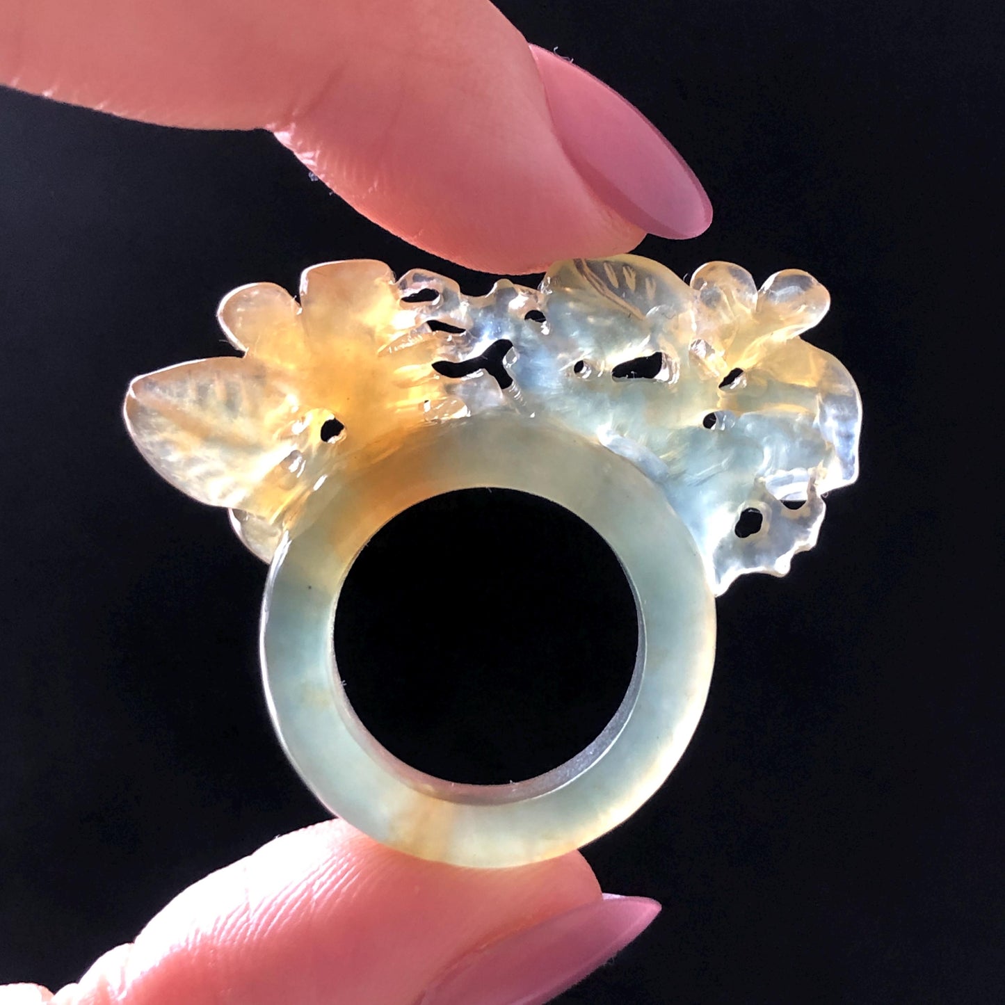 Natural Xiu Jade Serpentine Hand Carved Osmanthus fragrans Flower Ring | 17.2mm (US 7-7.5) | Icy Green Yellow Jade | 3D Gemstone Ring Gift for her yellow jade green jade carving hand carved flower ring hand engraved flower ring icy jade natural untreated jade 3D carving chinese jade ring