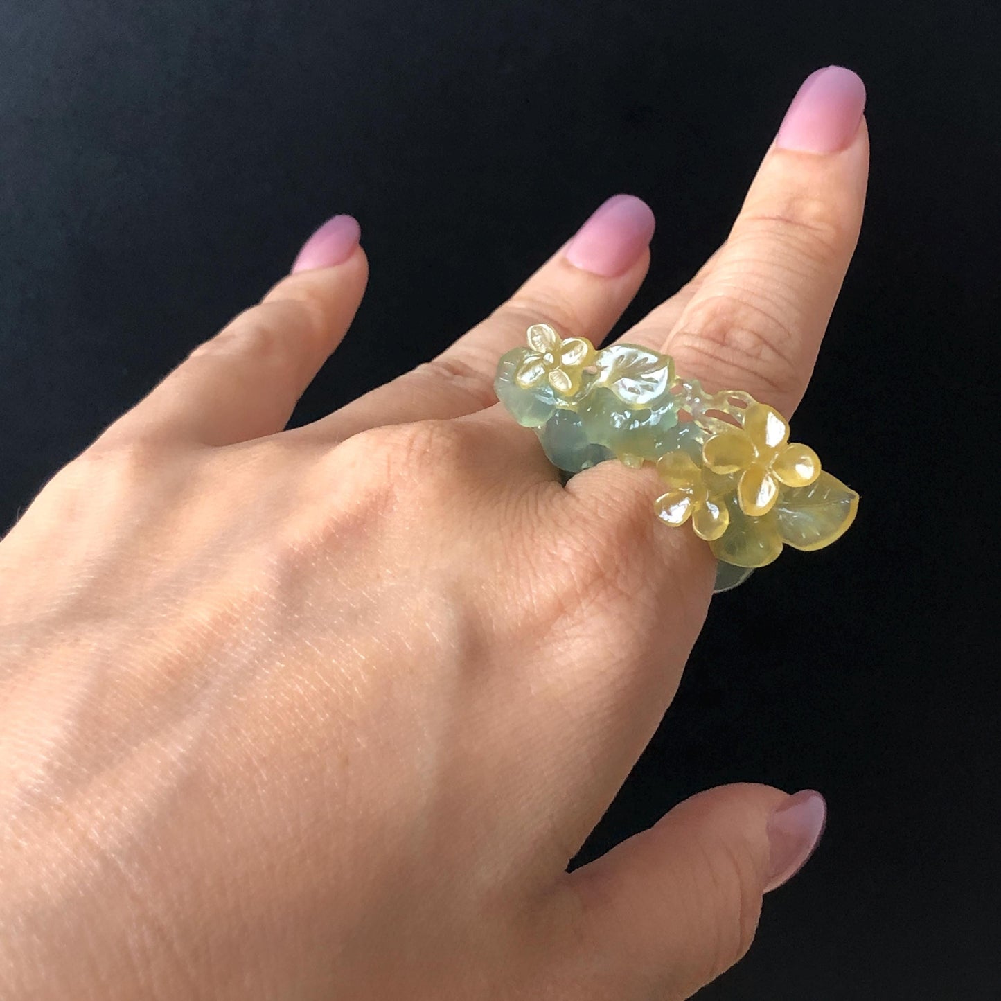 Natural Xiu Jade Serpentine Hand Carved Osmanthus fragrans Flower Ring | 17.2mm (US 7-7.5) | Icy Green Yellow Jade | 3D Gemstone Ring Gift for her yellow jade green jade carving hand carved flower ring hand engraved flower ring icy jade natural untreated jade 3D carving chinese jade ring