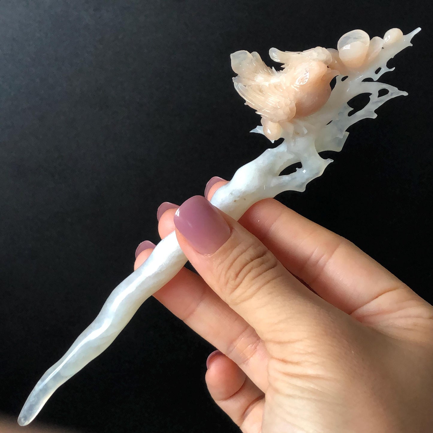 Certified Natural Serpentine Jade Hand Carved Bird with Flowers Hair Pin | White & Coral Pink Jade Hair Stick | Asian Vintage Hair Fork Gift