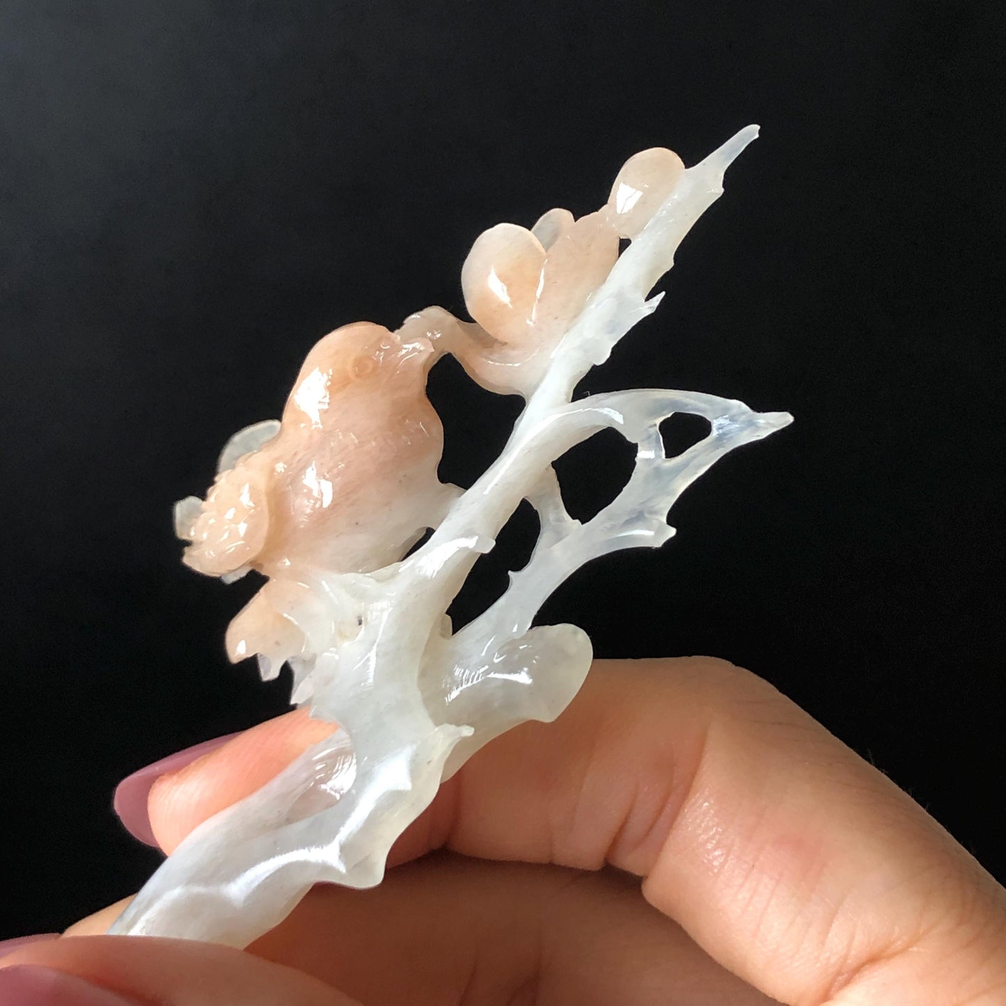 Certified Natural Serpentine Jade Hand Carved Bird with Flowers Hair Pin | White & Coral Pink Jade Hair Stick | Asian Vintage Hair Fork Gift