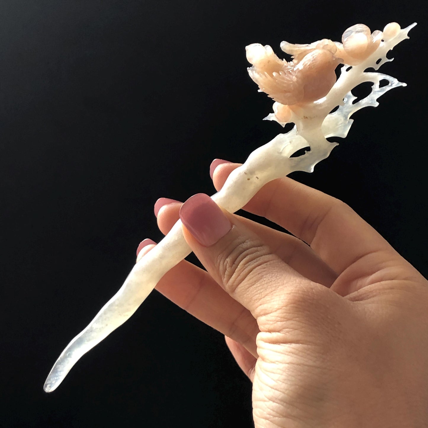 Certified Natural Serpentine Jade Hand Carved Bird with Flowers Hair Pin | White & Coral Pink Jade Hair Stick | Asian Vintage Hair Fork Gift