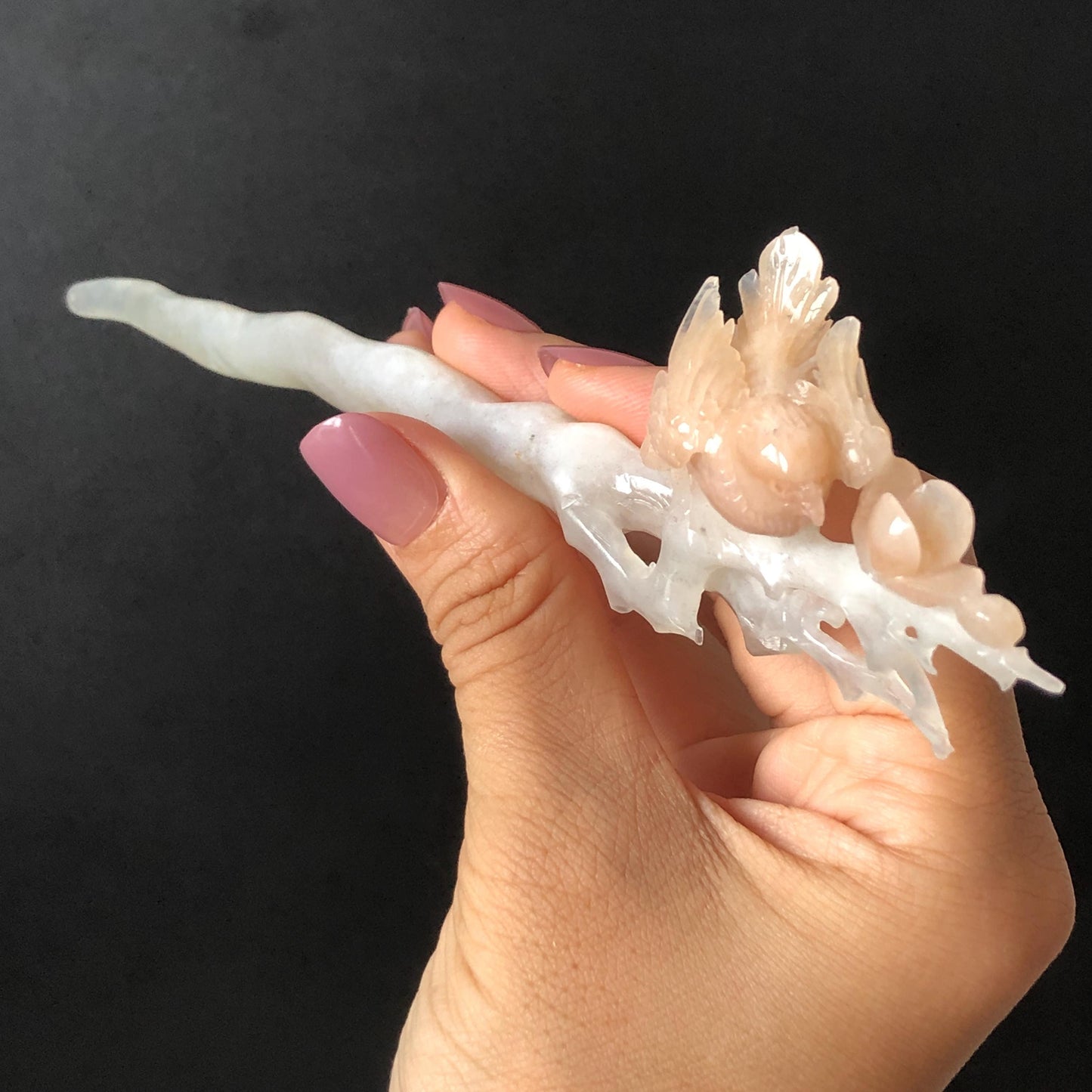 Certified Natural Serpentine Jade Hand Carved Bird with Flowers Hair Pin | White & Coral Pink Jade Hair Stick | Asian Vintage Hair Fork Gift