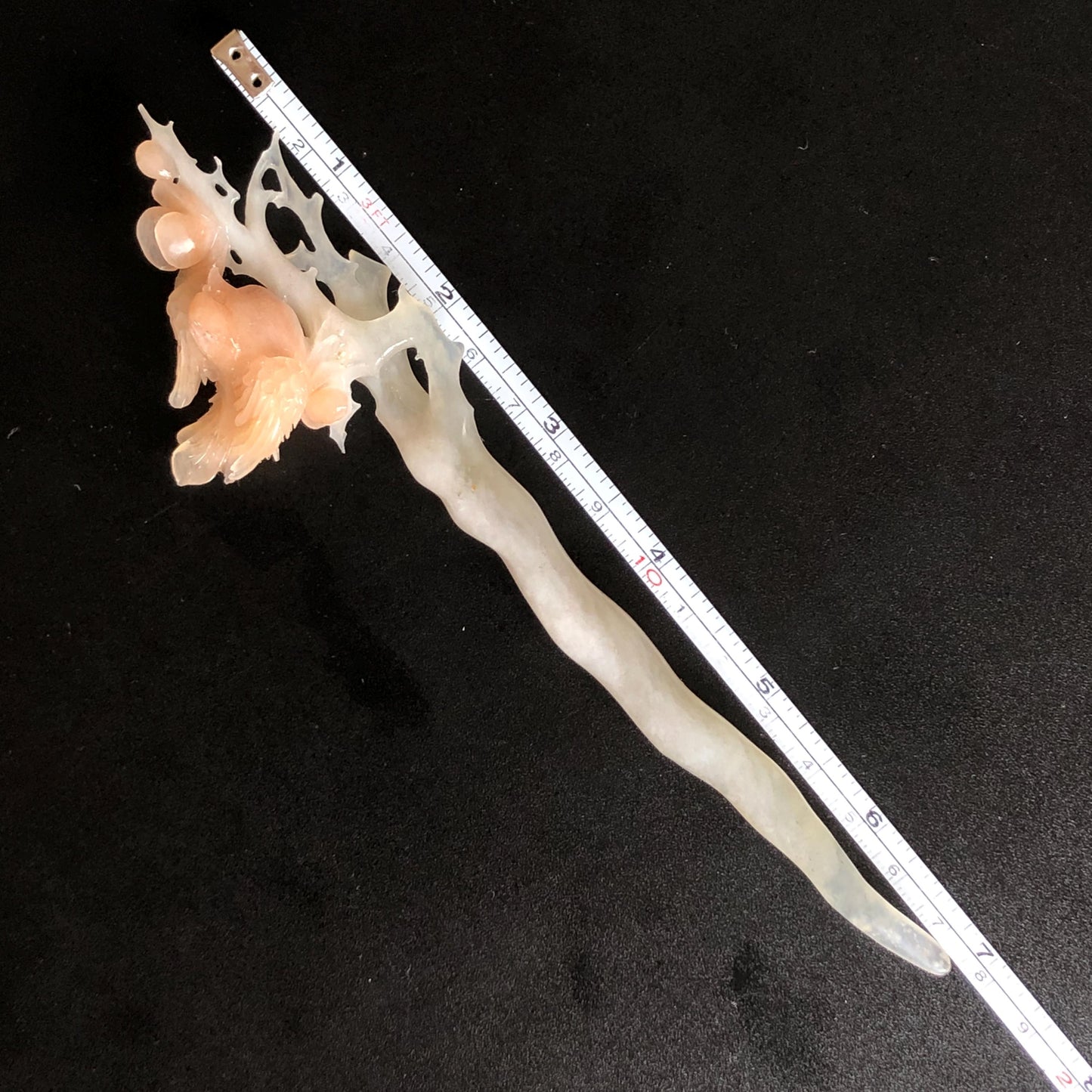 Certified Natural Serpentine Jade Hand Carved Bird with Flowers Hair Pin | White & Coral Pink Jade Hair Stick | Asian Vintage Hair Fork Gift